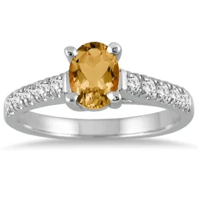 1 Carat Oval Citrine And Diamond Ring In 14K White Gold