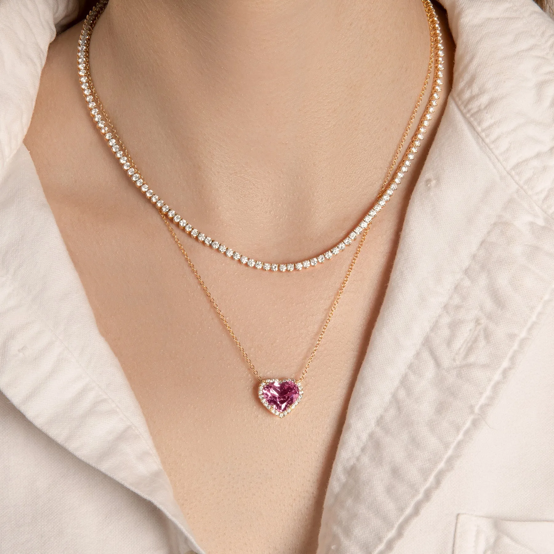 14KT Yellow Gold Pink Topaz Diamond Heart Necklace