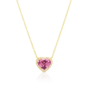 14KT Yellow Gold Pink Topaz Diamond Heart Necklace