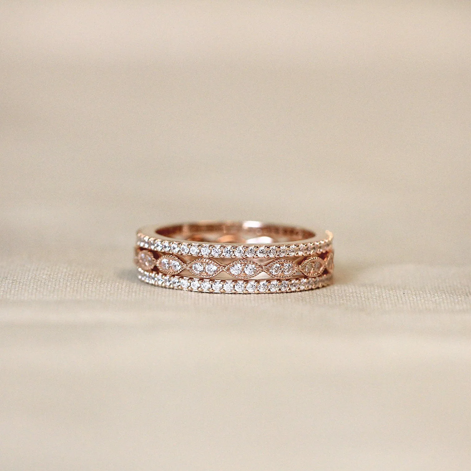 3PCS Mixed Stackable Eternity Wedding Band Ring Set