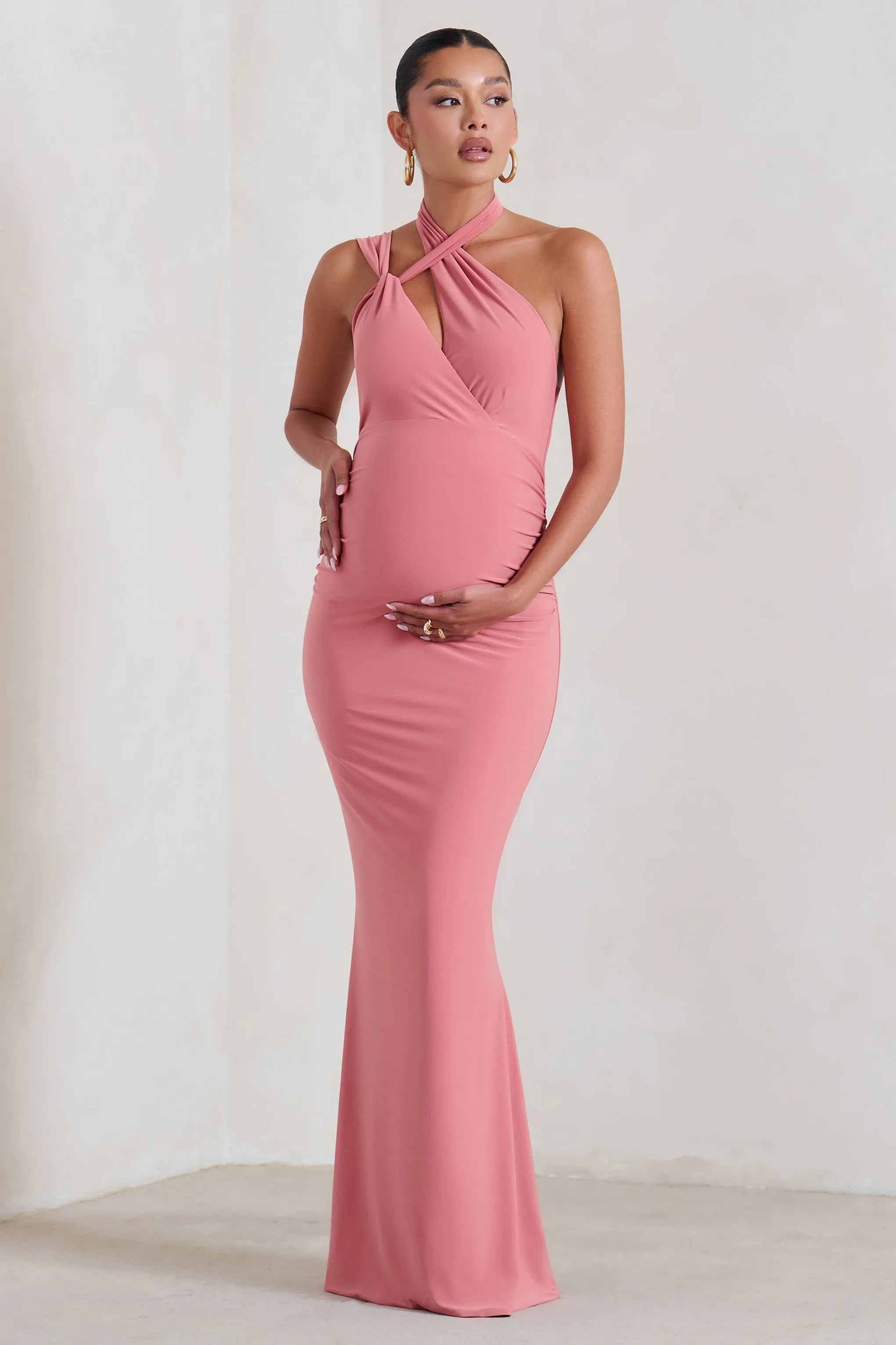 Alba | Blush Pink Maternity Halter Asymmetric Maxi Dress with Cut Out