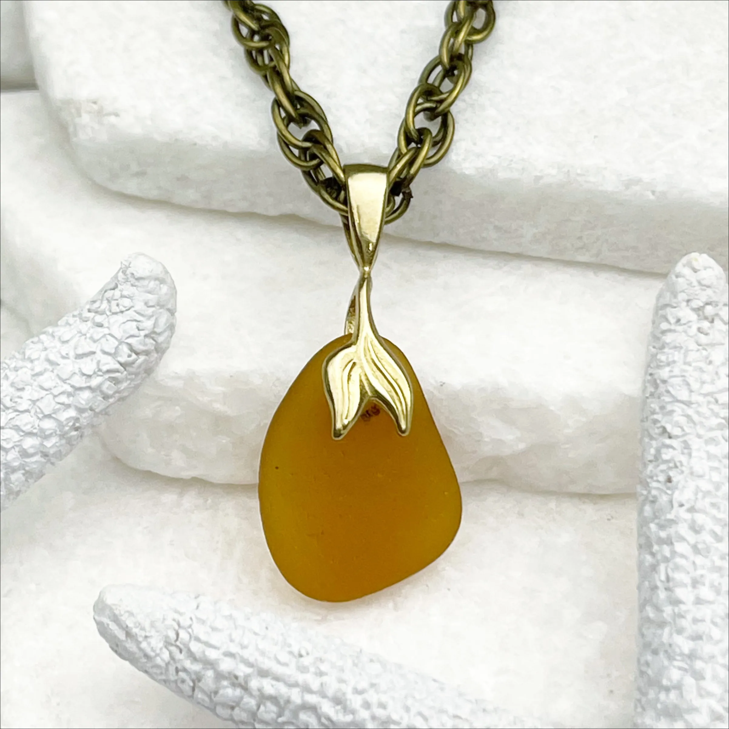 Amber Sea Glass Pendant with Bronze Mermaid Tail | #5049