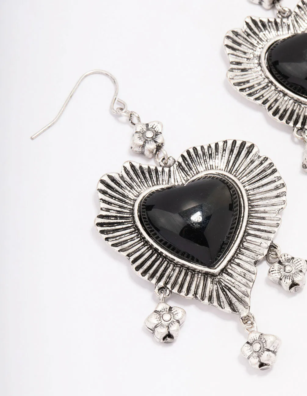 Antique Silver Detailed Heart Drop Earrings