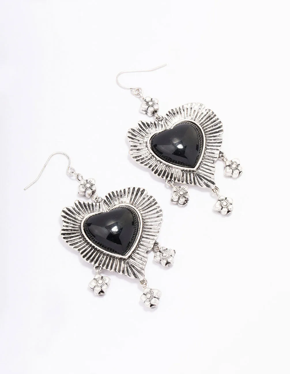 Antique Silver Detailed Heart Drop Earrings