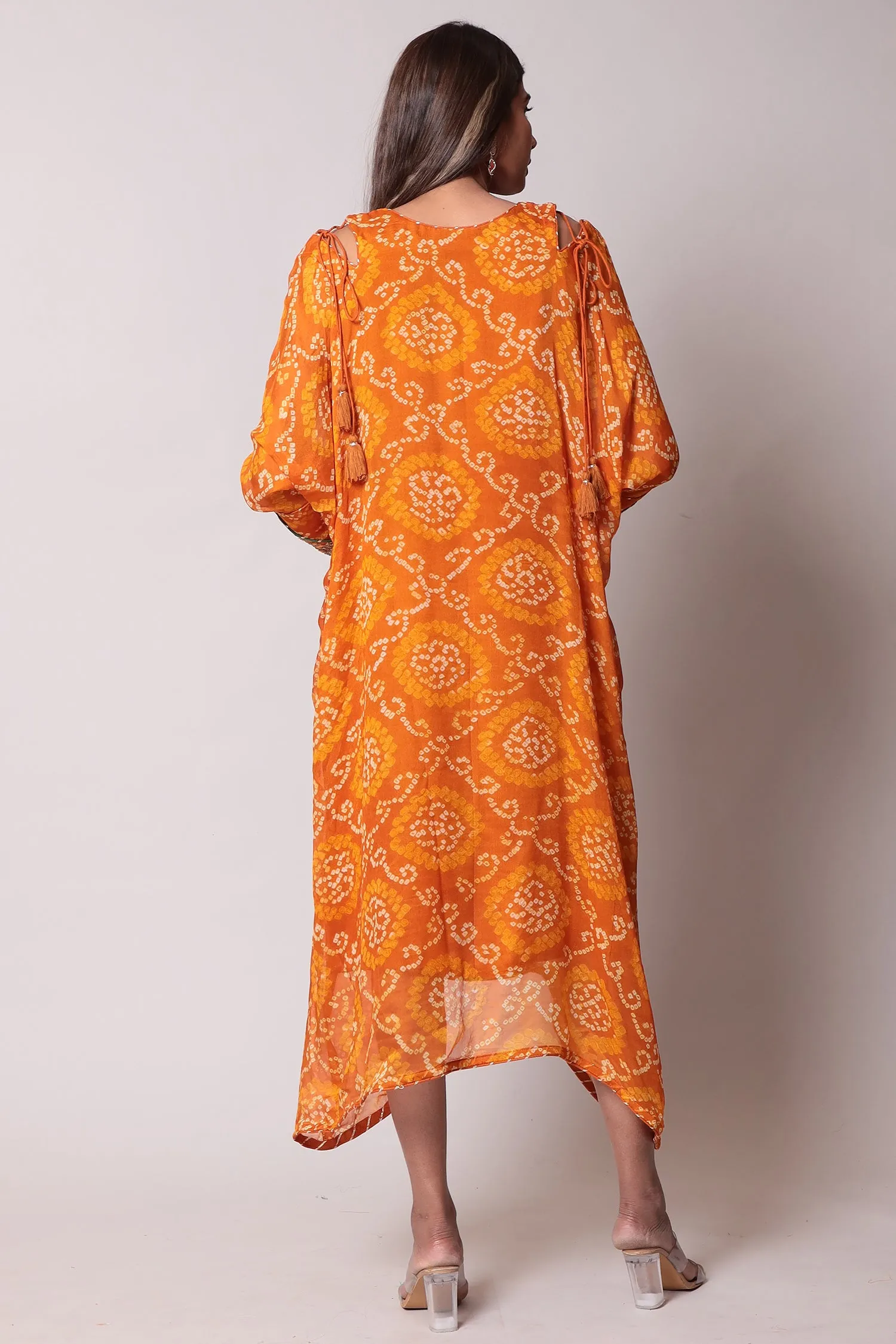 Bandhej Georgette Kaftan with Gota Patti work.