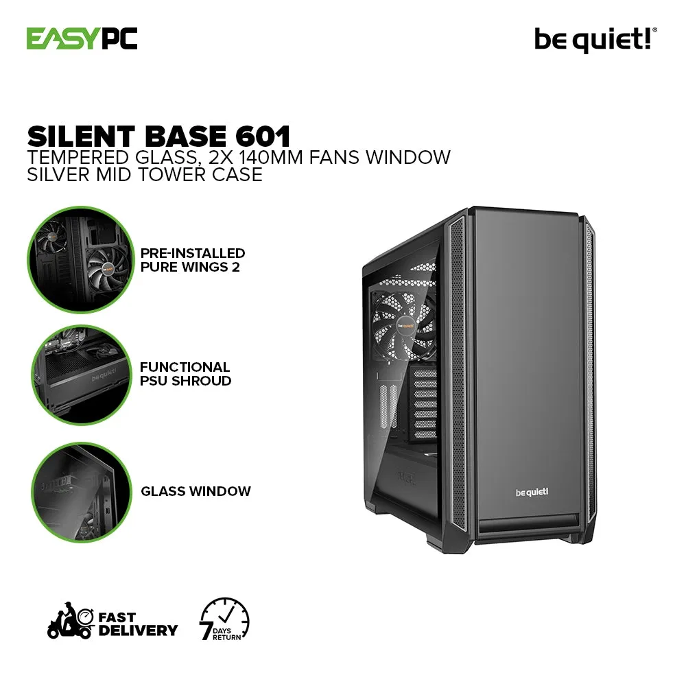 BeQuiet Silent Base 601 Window Black and Silver Mid Tower Case Tempered Glass,2x 140mm Fans Two preinstalled Pure Wings 2 140mm fans 4JTP