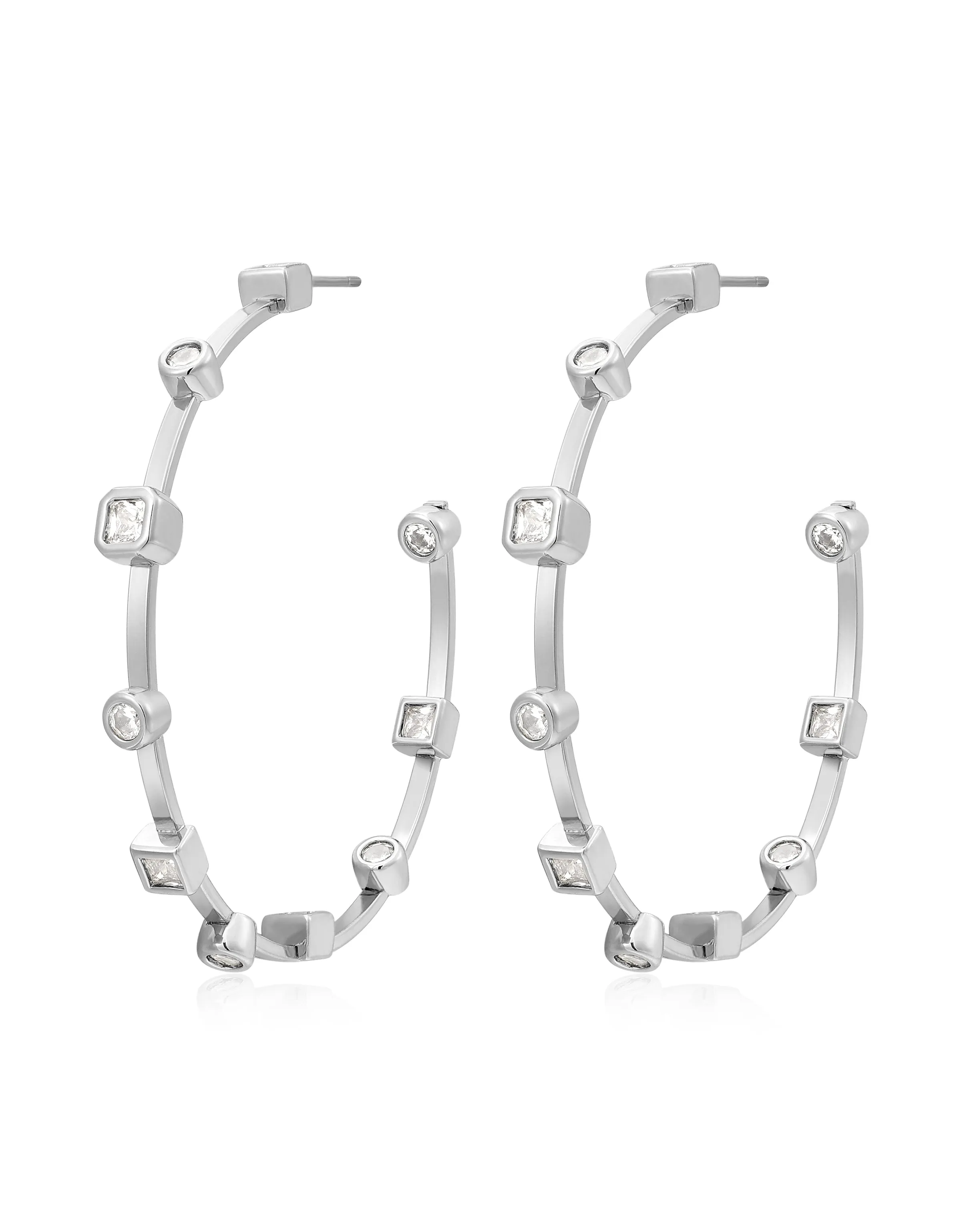 Bezel Stone Hoops- Silver