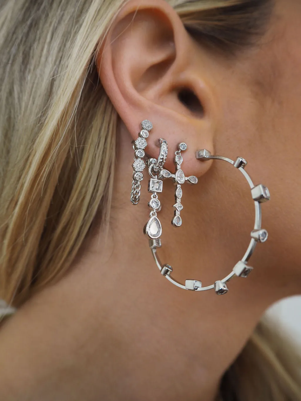 Bezel Stone Hoops- Silver