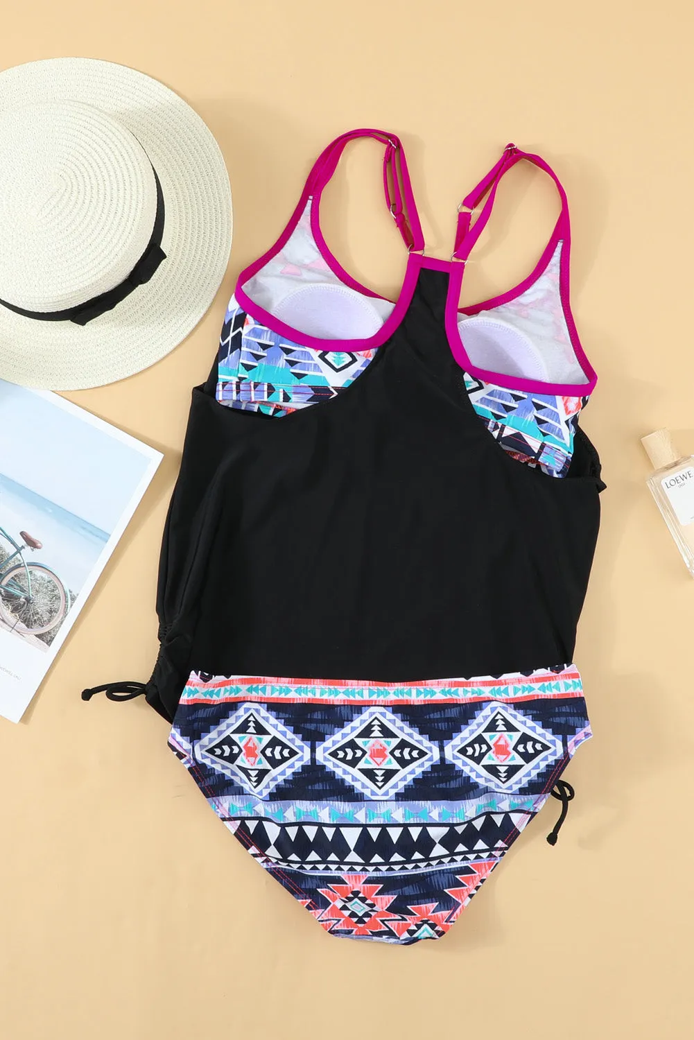 Black Aztec Racerback Ruched Tankini