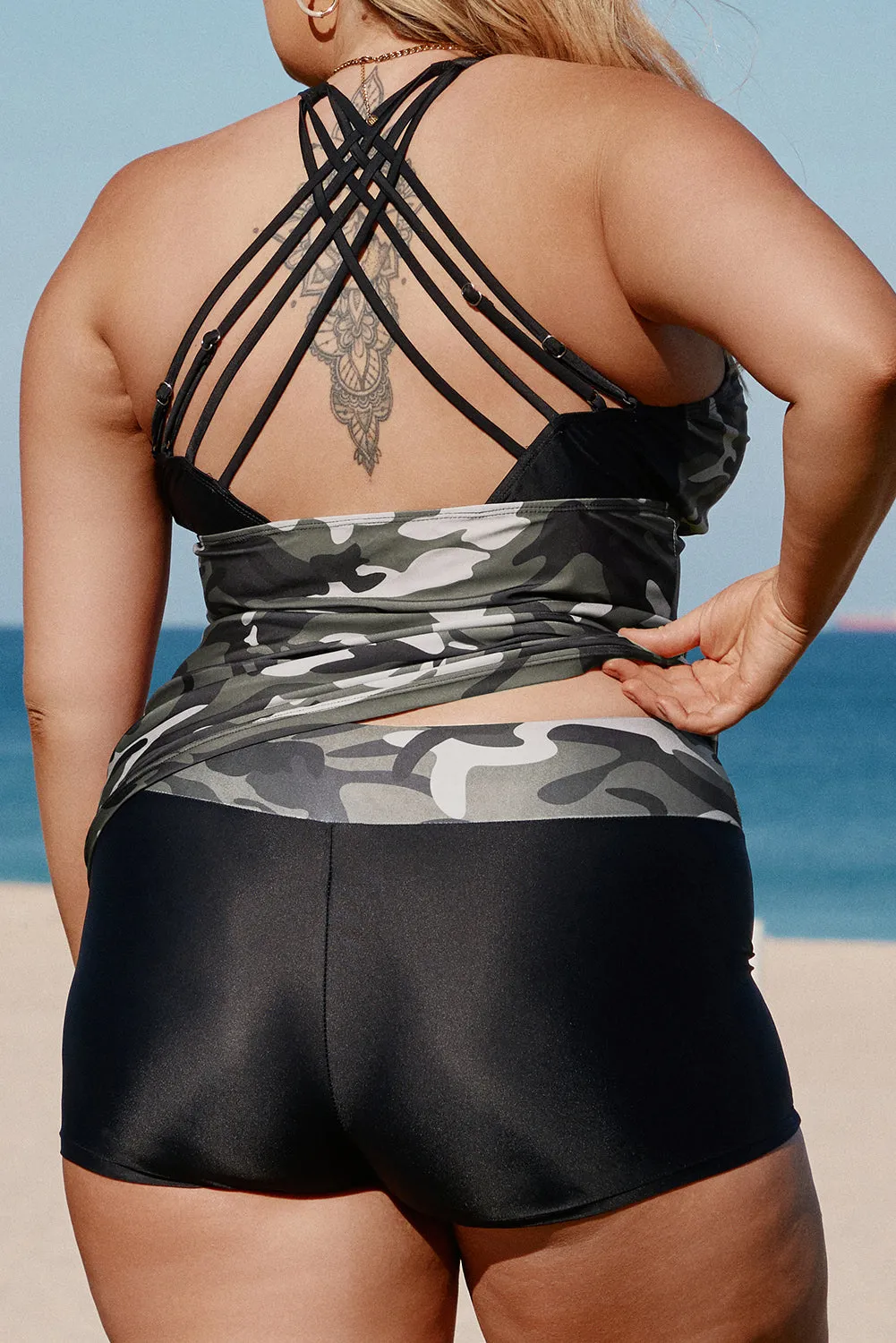 Black Camouflage Crisscross Plus Size Tankini Set