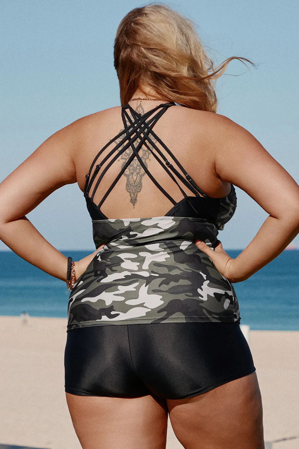 Black Camouflage Crisscross Plus Size Tankini Set