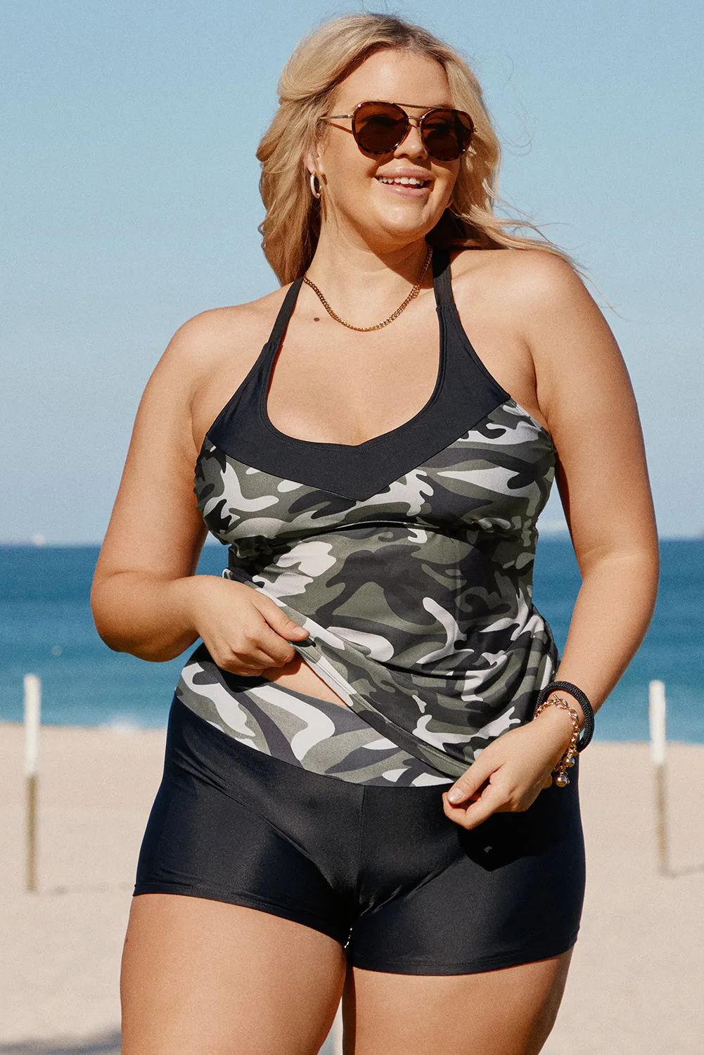 Black Camouflage Crisscross Plus Size Tankini Set