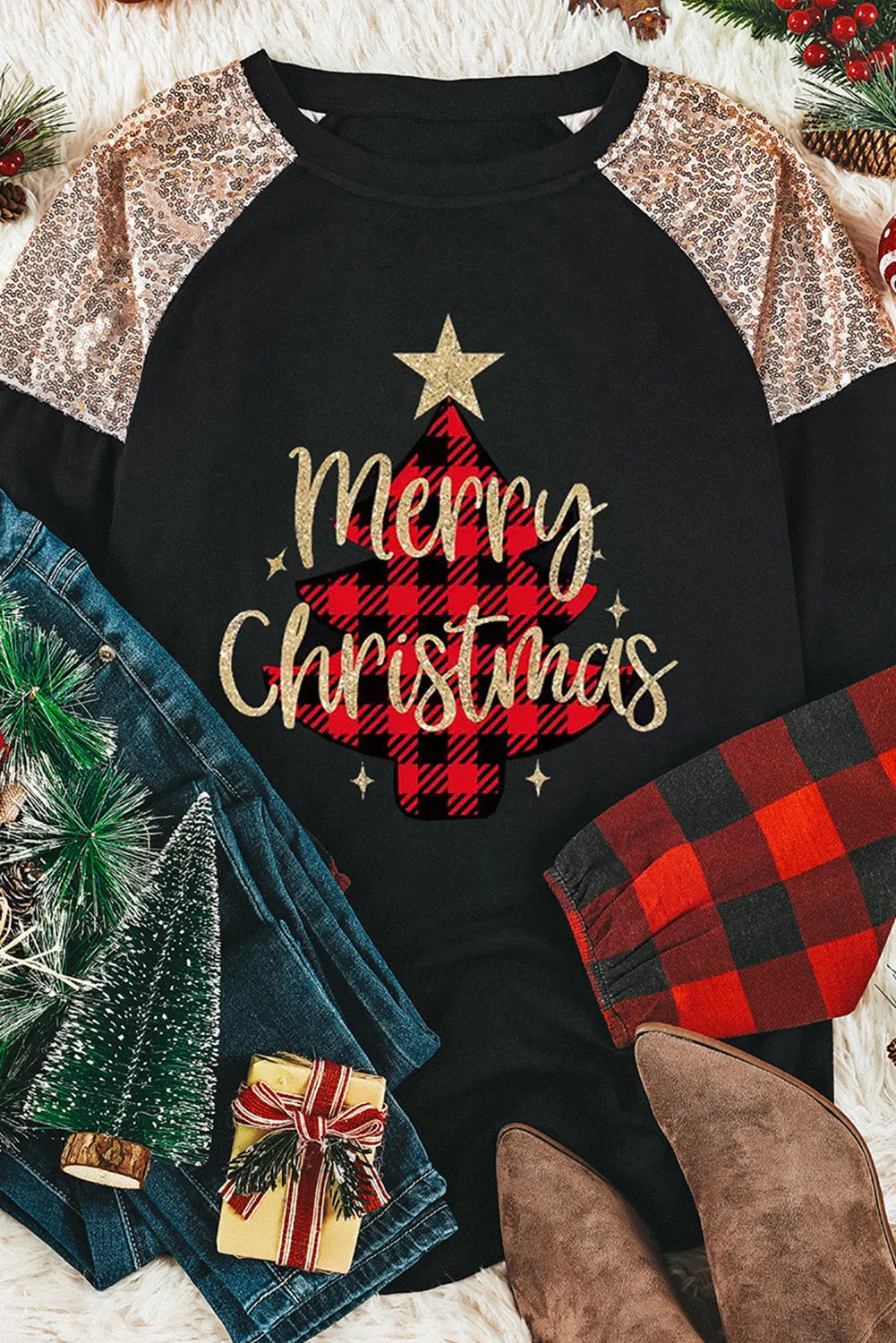 Black Christmas Plaid Glitter Print Sequin Top