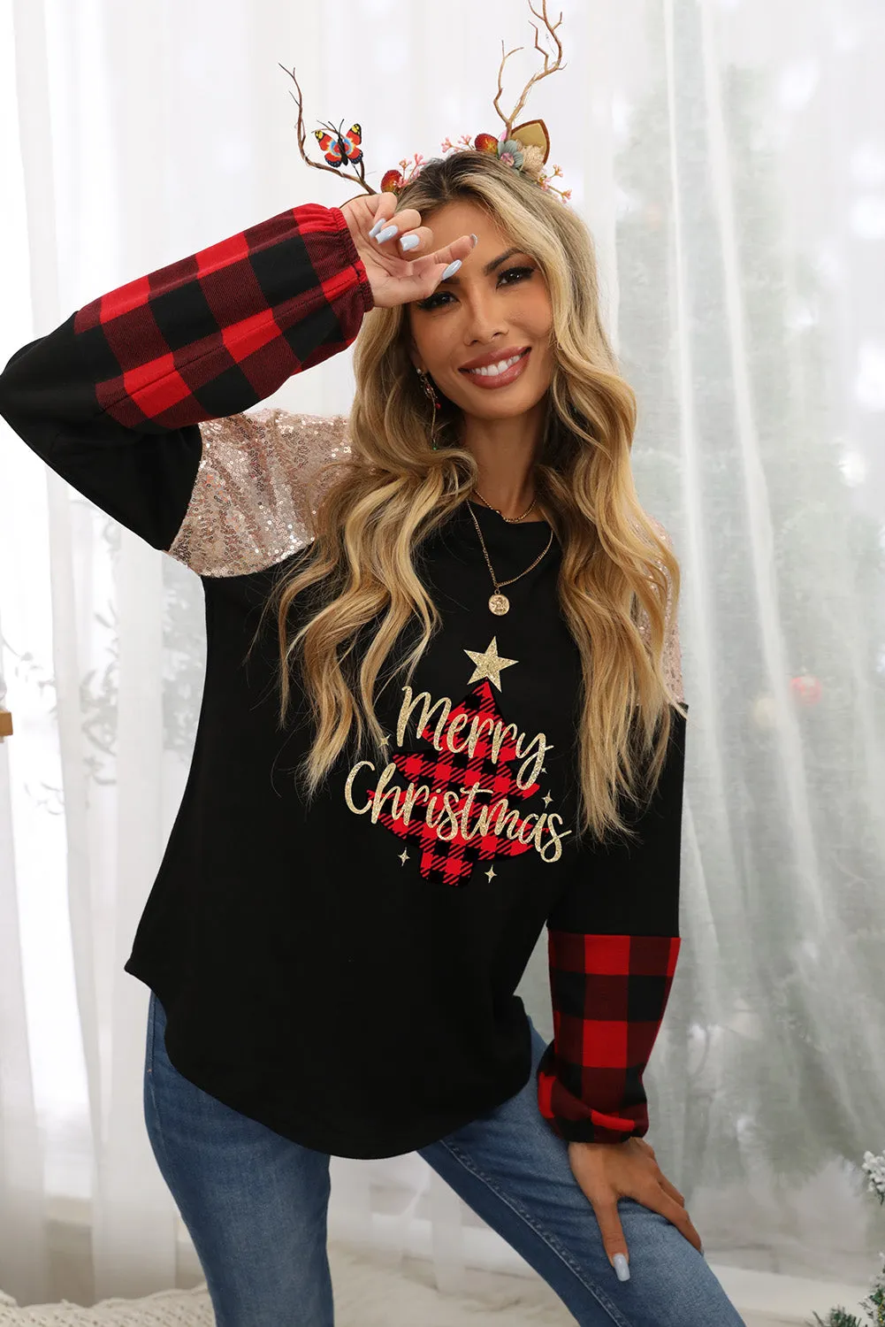 Black Christmas Plaid Glitter Print Sequin Top