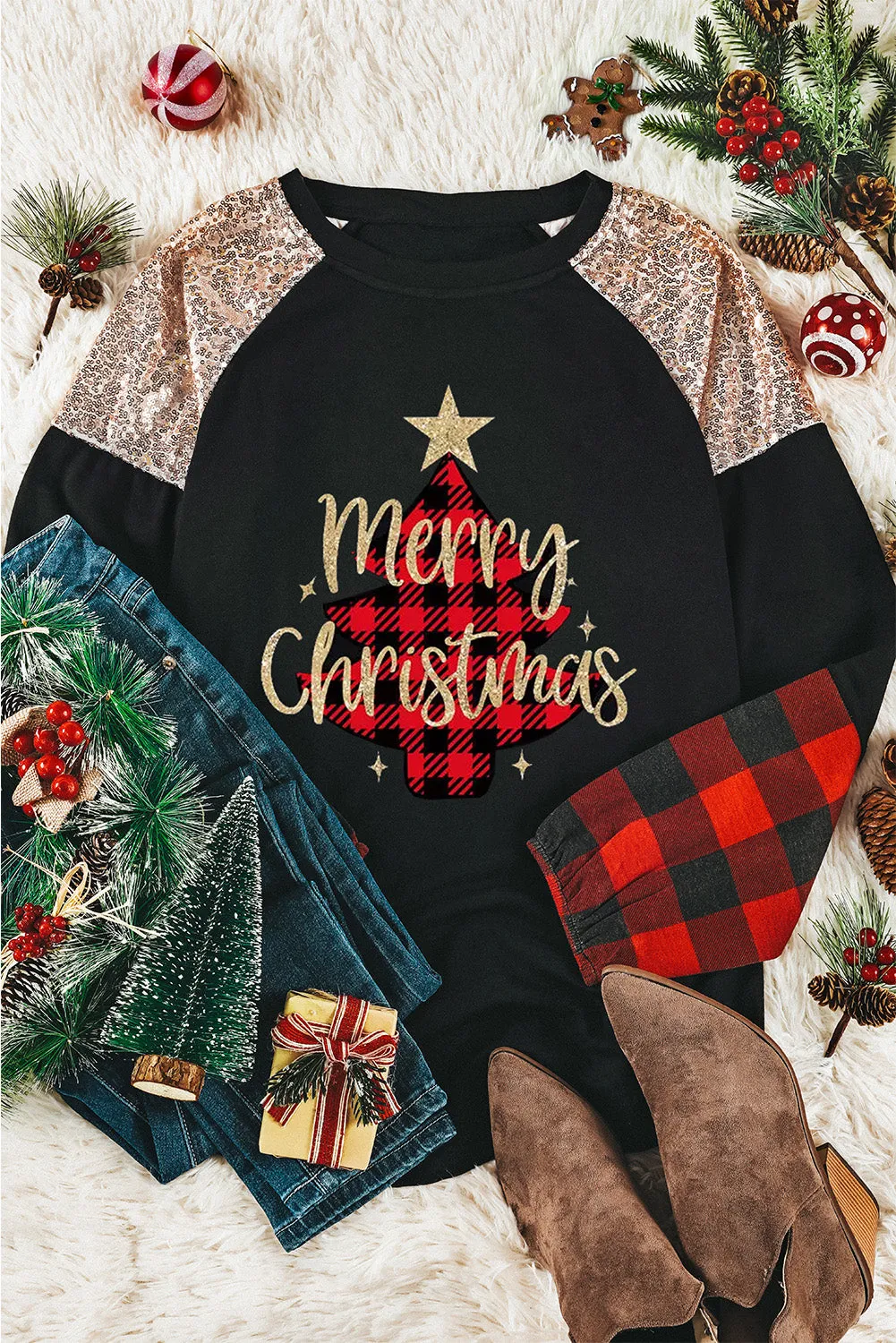 Black Christmas Plaid Glitter Print Sequin Top