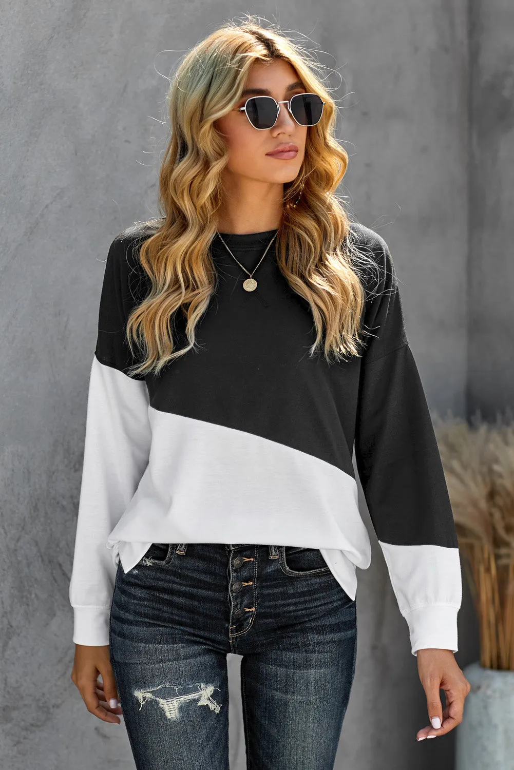 Black Color Block Pullover Sweatshirt