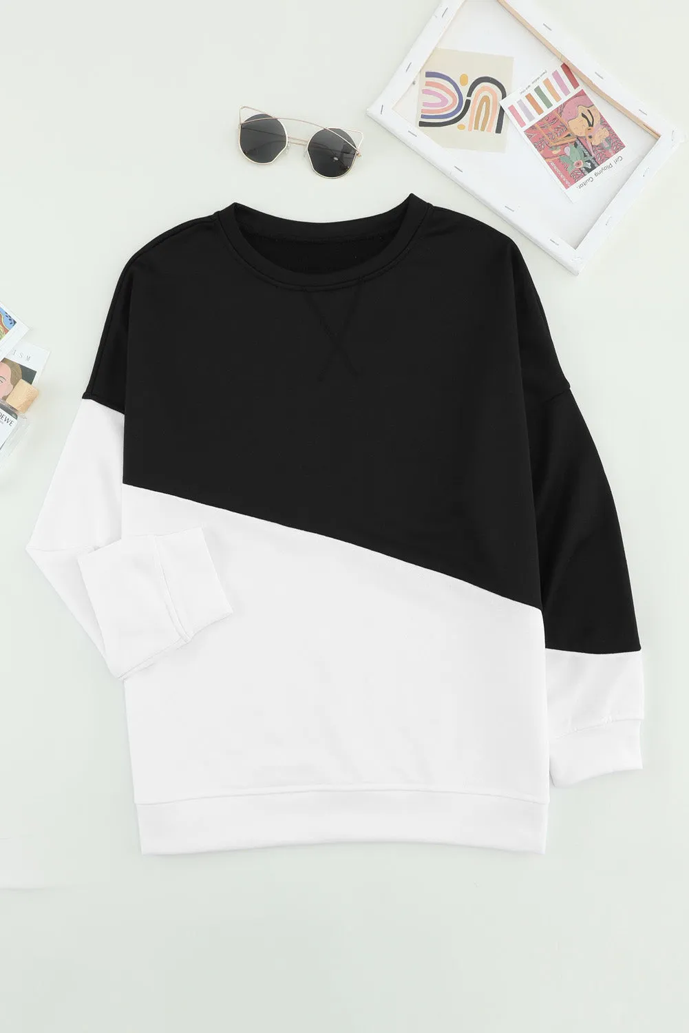 Black Color Block Pullover Sweatshirt