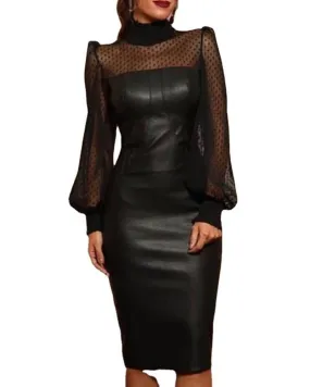 Black Faux Leather and Sheer Polka Dot Long Sleeved Dress