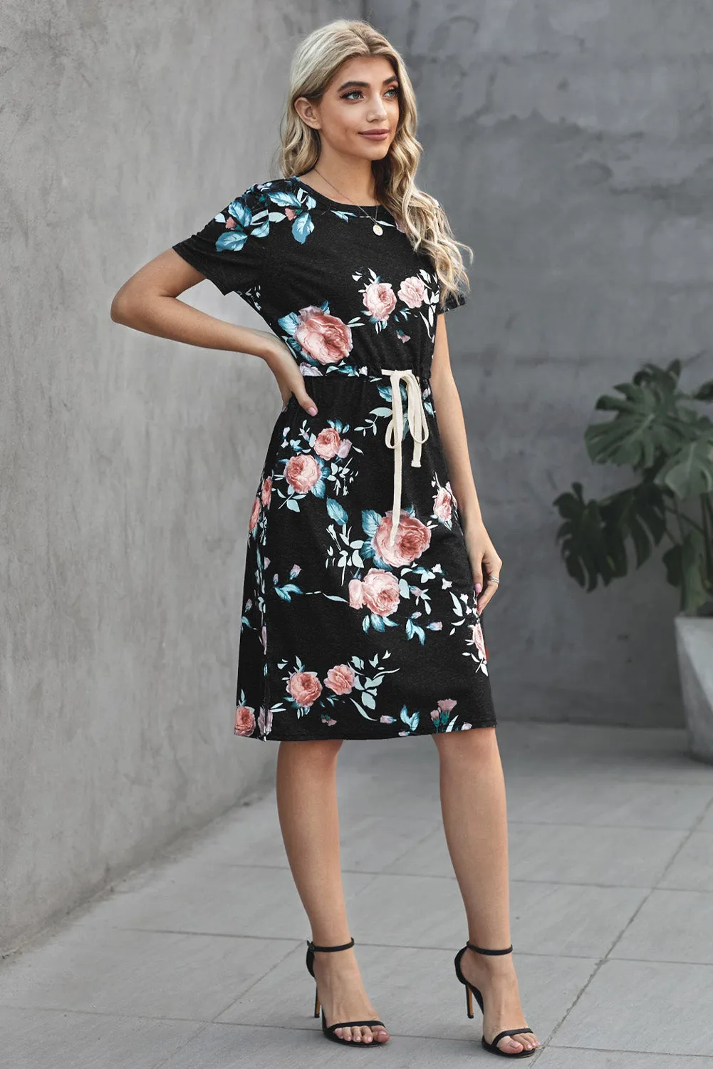 Black Floral Print Drawstring Midi Dress