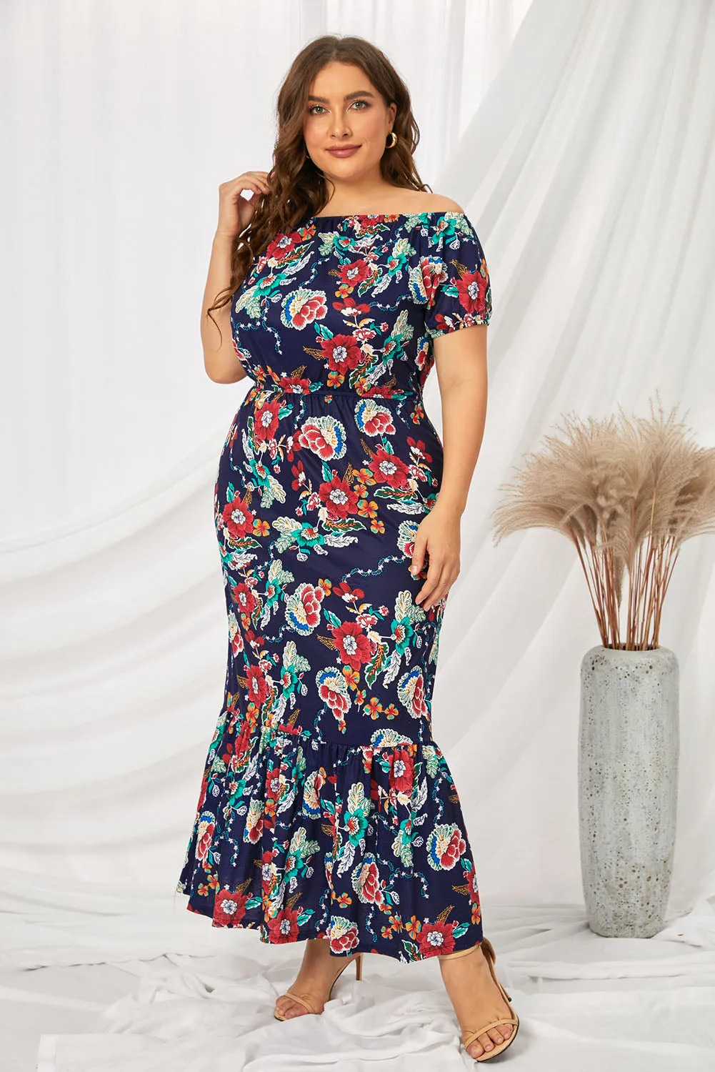 Black Floral Ruffle Plus Size Maxi Dress