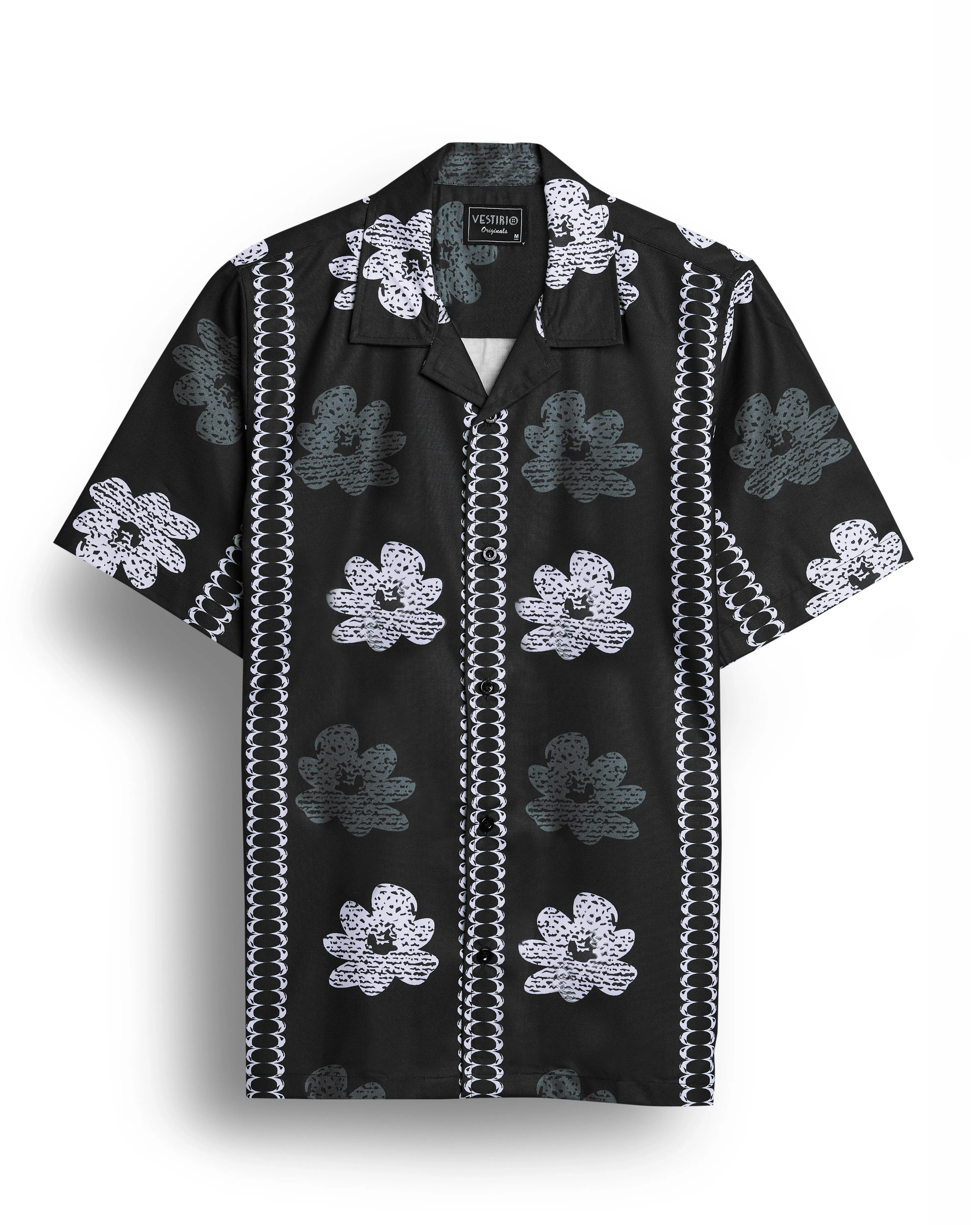 Black flower printed camp collar shirt for men