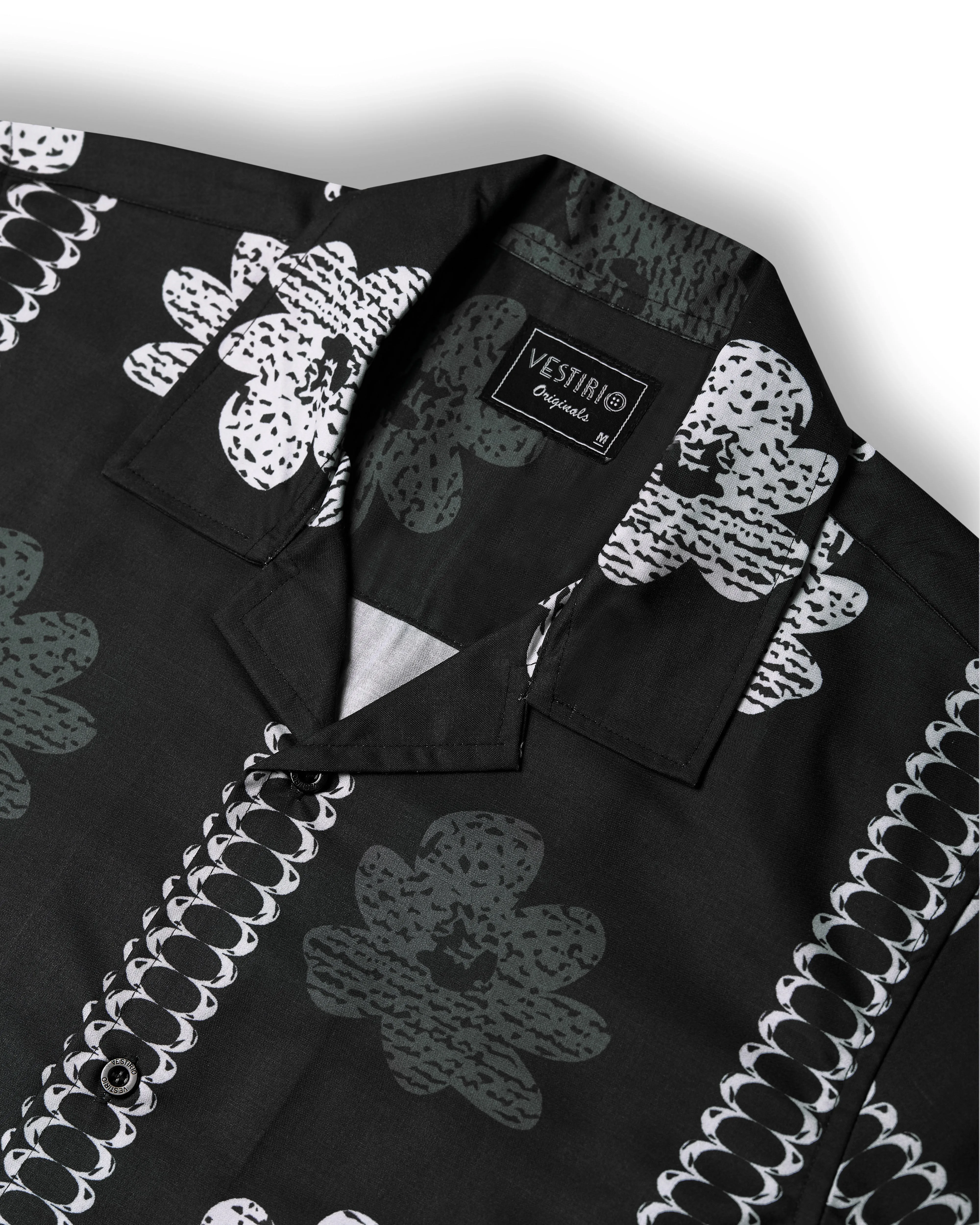 Black flower printed camp collar shirt for men