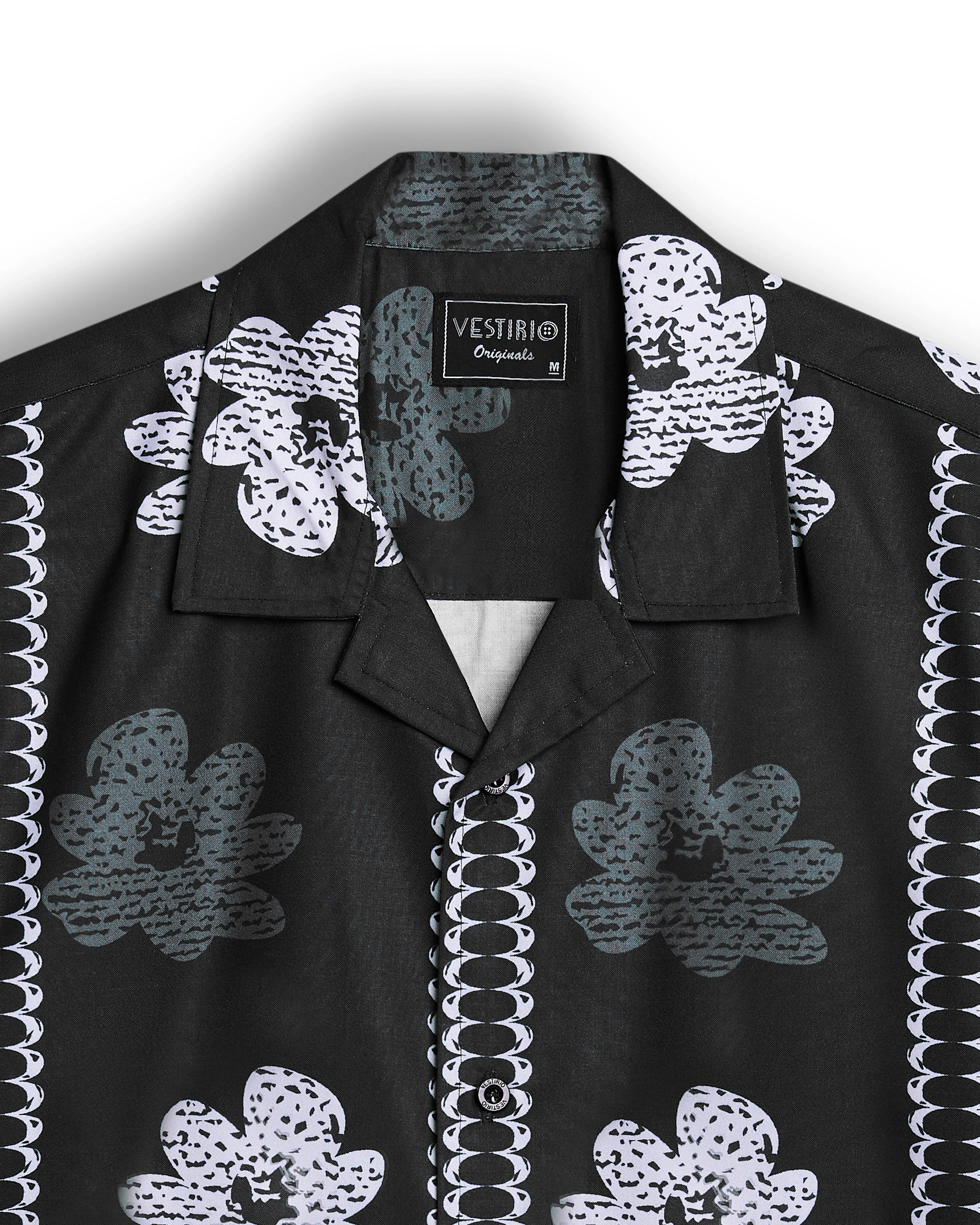 Black flower printed camp collar shirt for men