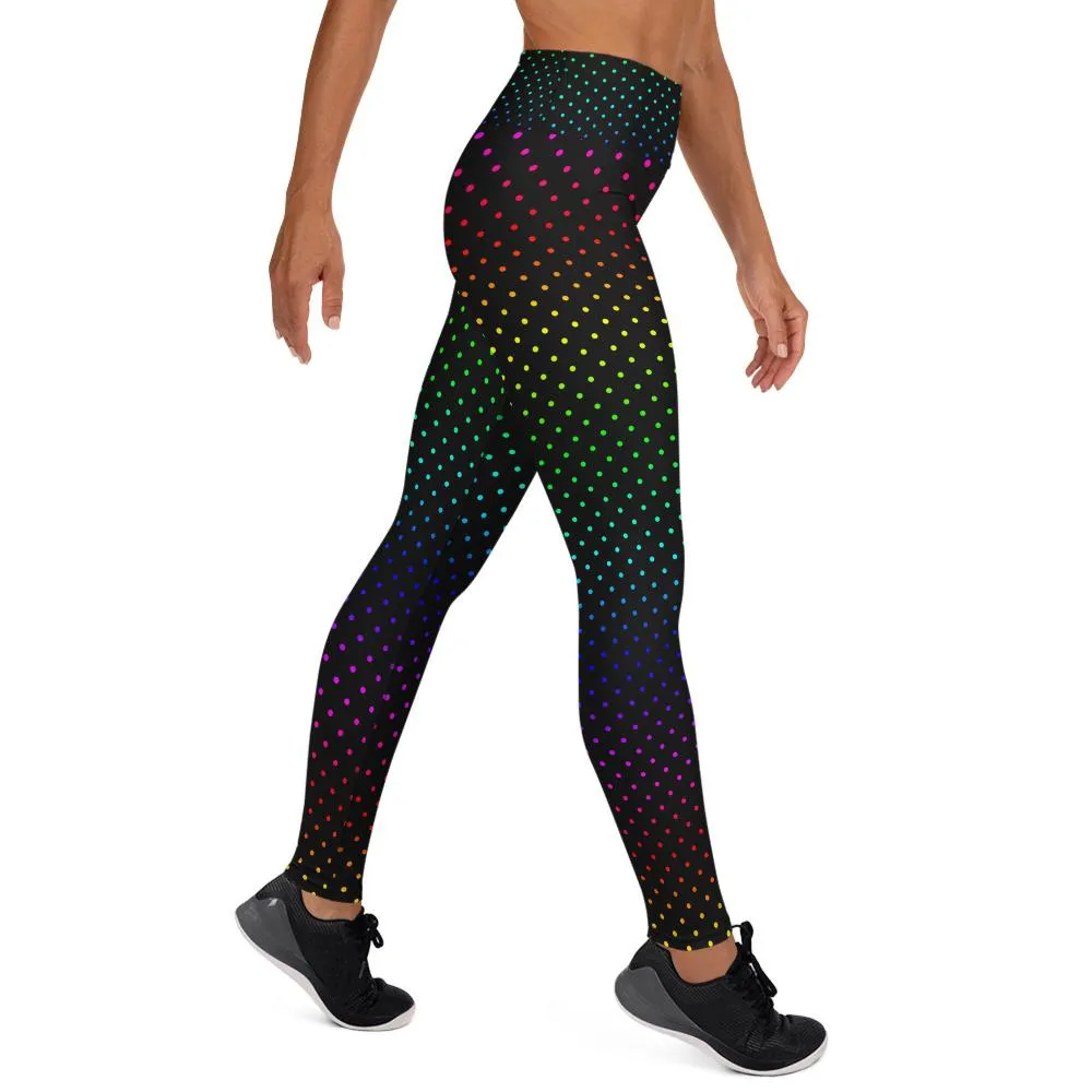 Black Rainbow Dots Women's Leggings, Polka Dots Colorful Printed Women's Long Yoga Pants- Made in USA/EU/MX