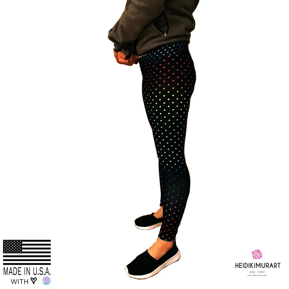 Black Rainbow Dots Women's Leggings, Polka Dots Colorful Printed Women's Long Yoga Pants- Made in USA/EU/MX