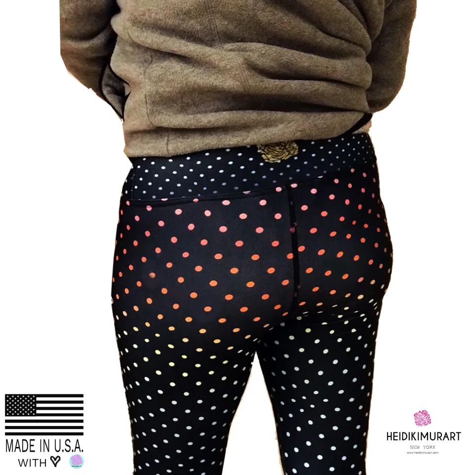 Black Rainbow Dots Women's Leggings, Polka Dots Colorful Printed Women's Long Yoga Pants- Made in USA/EU/MX