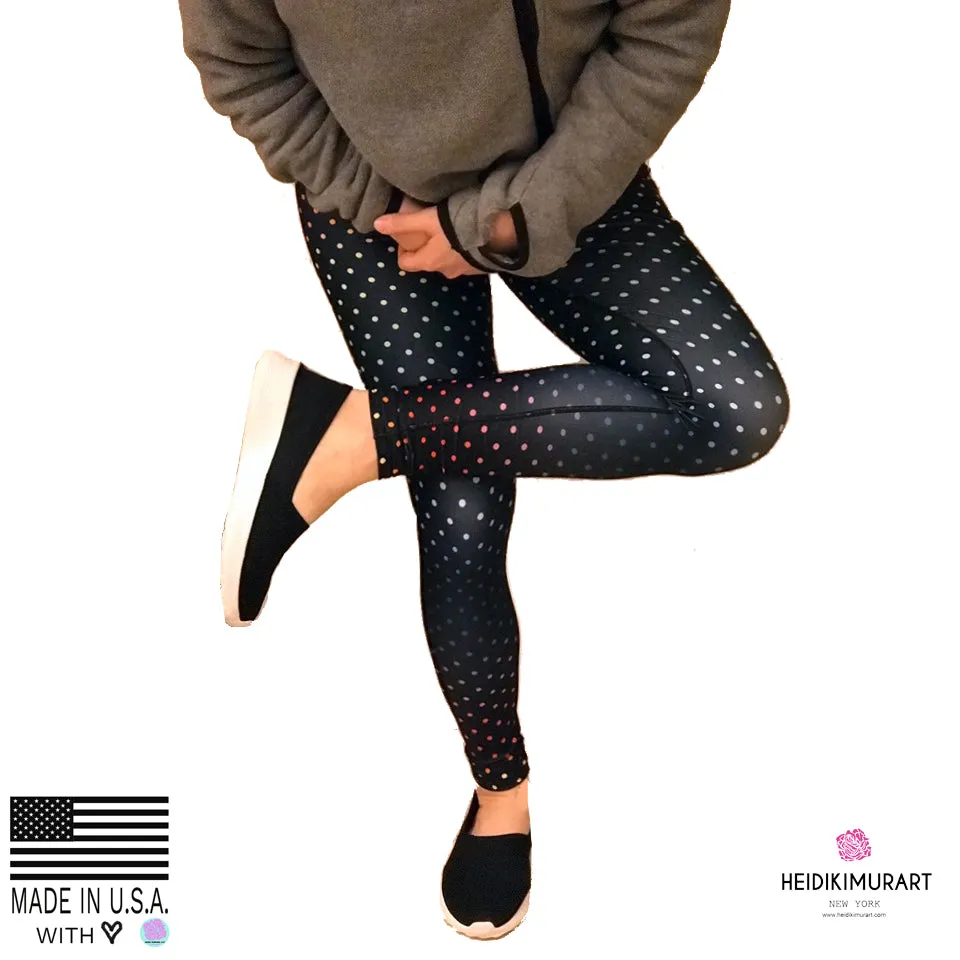 Black Rainbow Dots Women's Leggings, Polka Dots Colorful Printed Women's Long Yoga Pants- Made in USA/EU/MX