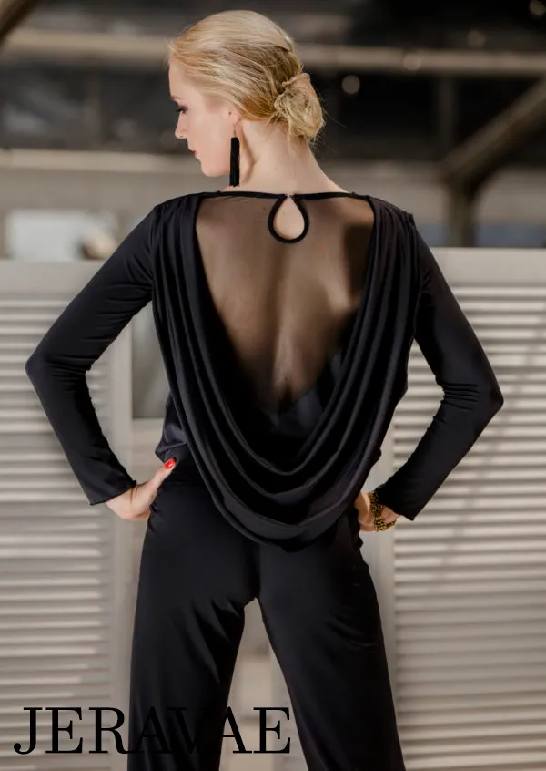 Body Positive Senga Dancewear FORRO Black Long Sleeve V-Neck Jumpsuit with Wide Leg Pants, Mesh Back, and Sash Sizes XL-4XL PRA 992 in Stock