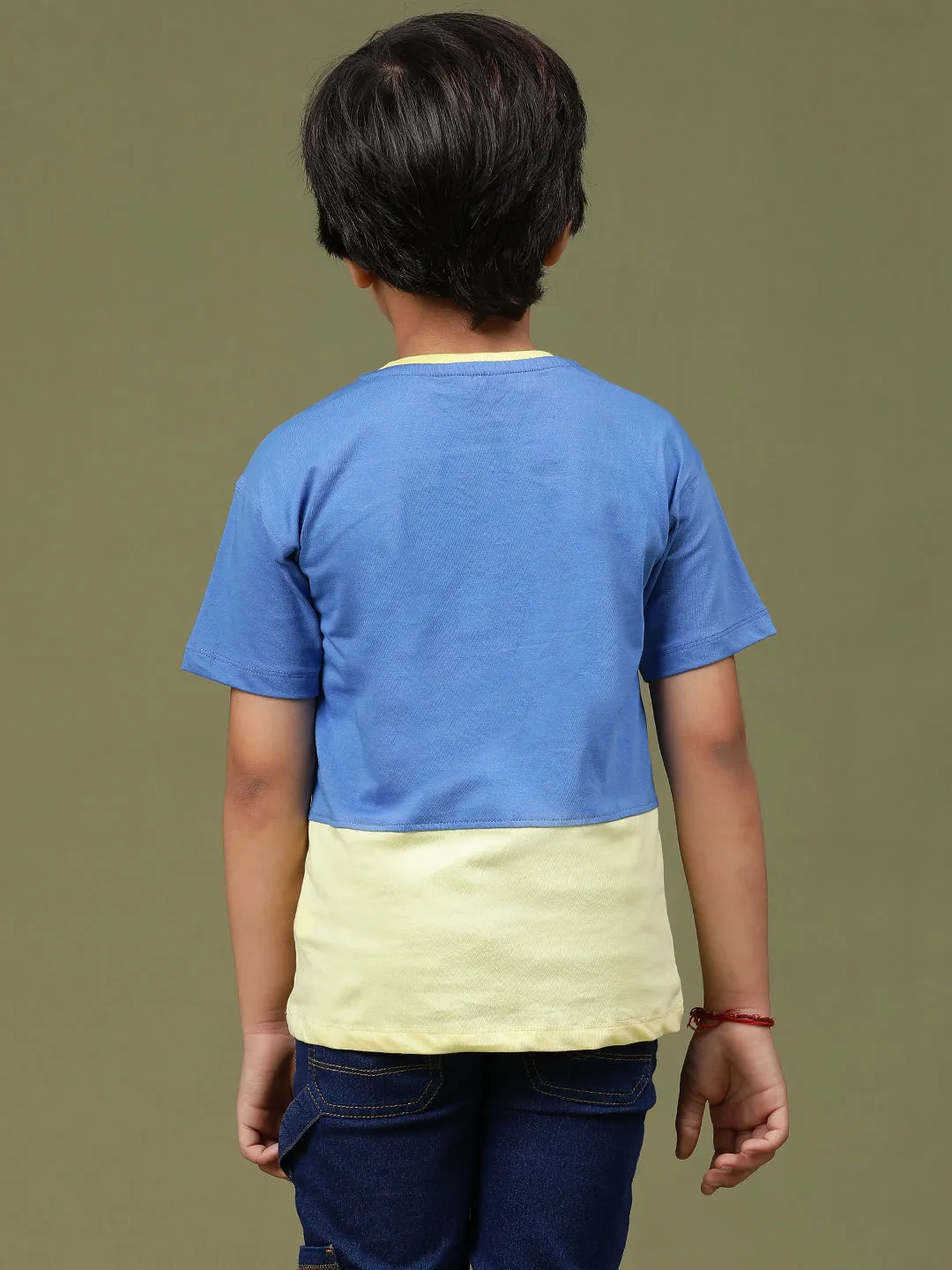 Boys Yellow & Blue 100% Cotton Regular Printed T-shirt