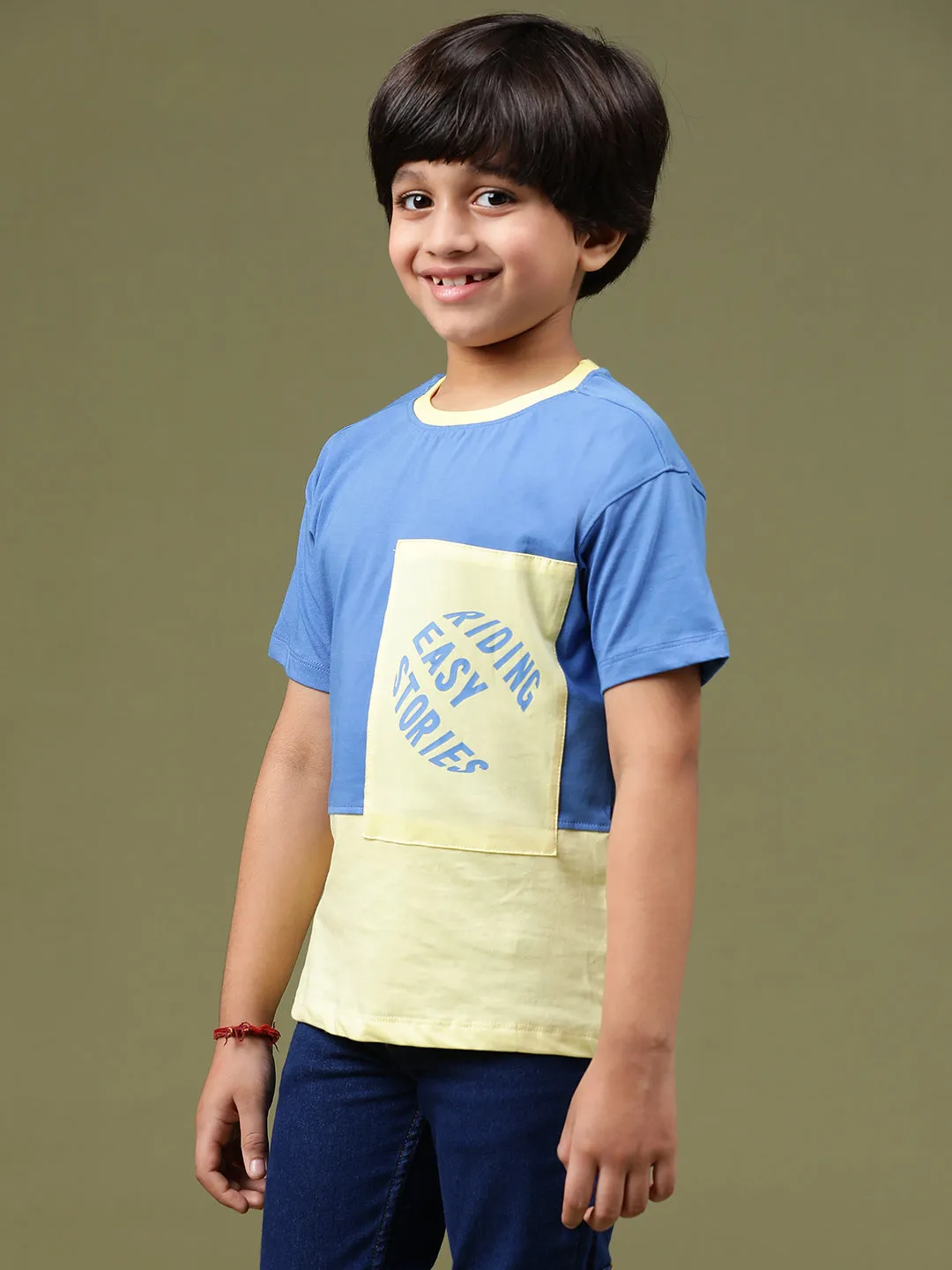 Boys Yellow & Blue 100% Cotton Regular Printed T-shirt