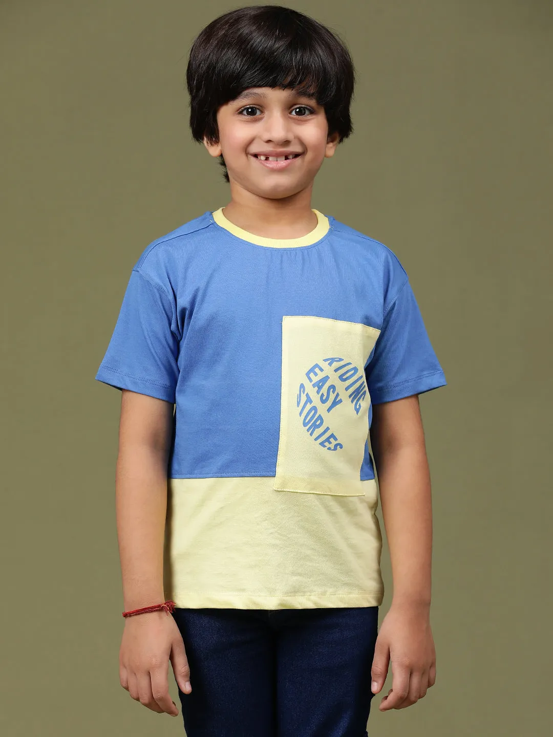 Boys Yellow & Blue 100% Cotton Regular Printed T-shirt