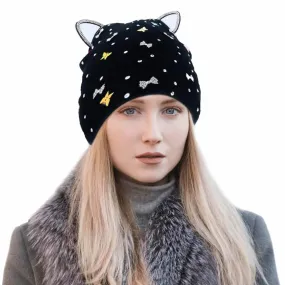 Cat Ear Ribbon Stone Embellished Beanie Hat