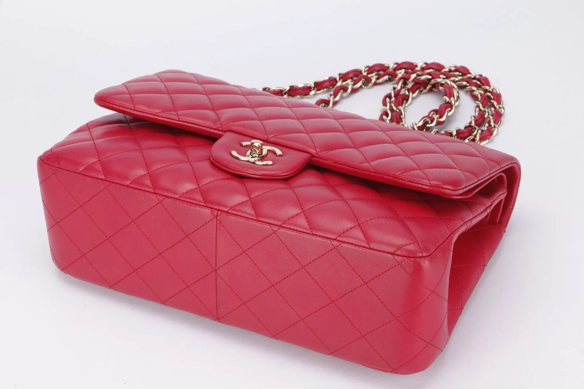 Chanel Classic Flap (2195xxxx) Jumbo Size, Pink Color Lambskin, Light Gold Hardware, no Card & Dust Cover