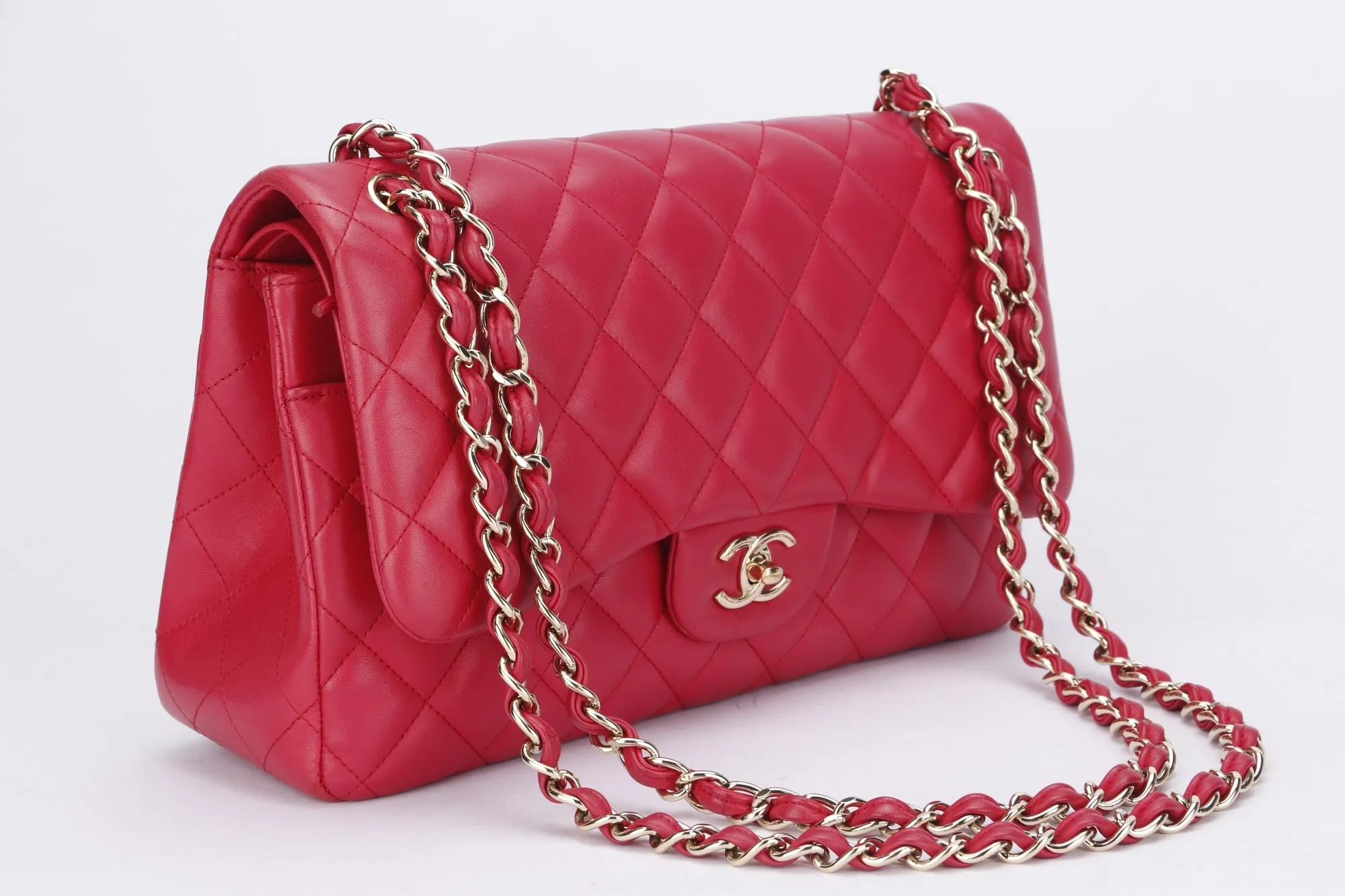 Chanel Classic Flap (2195xxxx) Jumbo Size, Pink Color Lambskin, Light Gold Hardware, no Card & Dust Cover