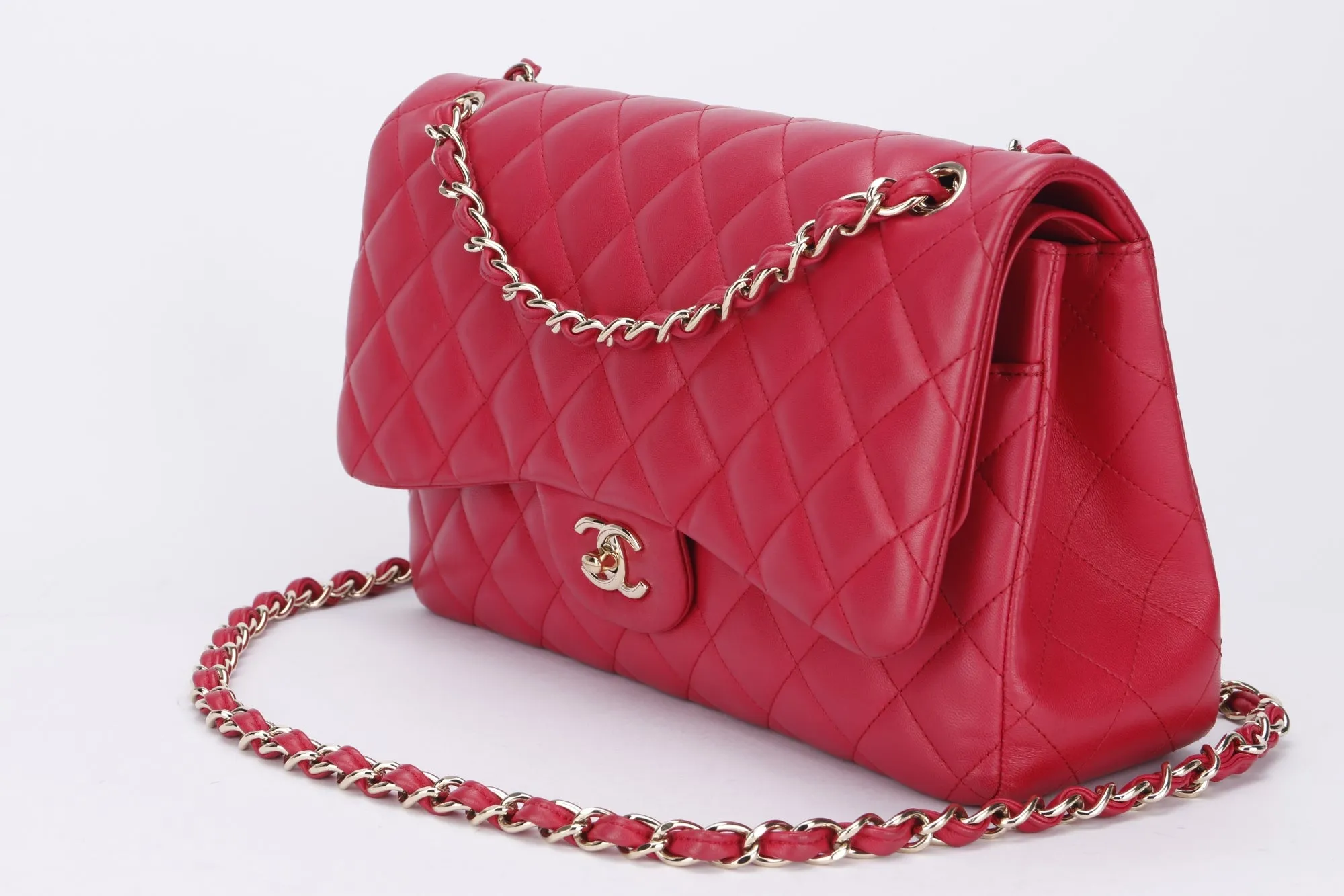 Chanel Classic Flap (2195xxxx) Jumbo Size, Pink Color Lambskin, Light Gold Hardware, no Card & Dust Cover