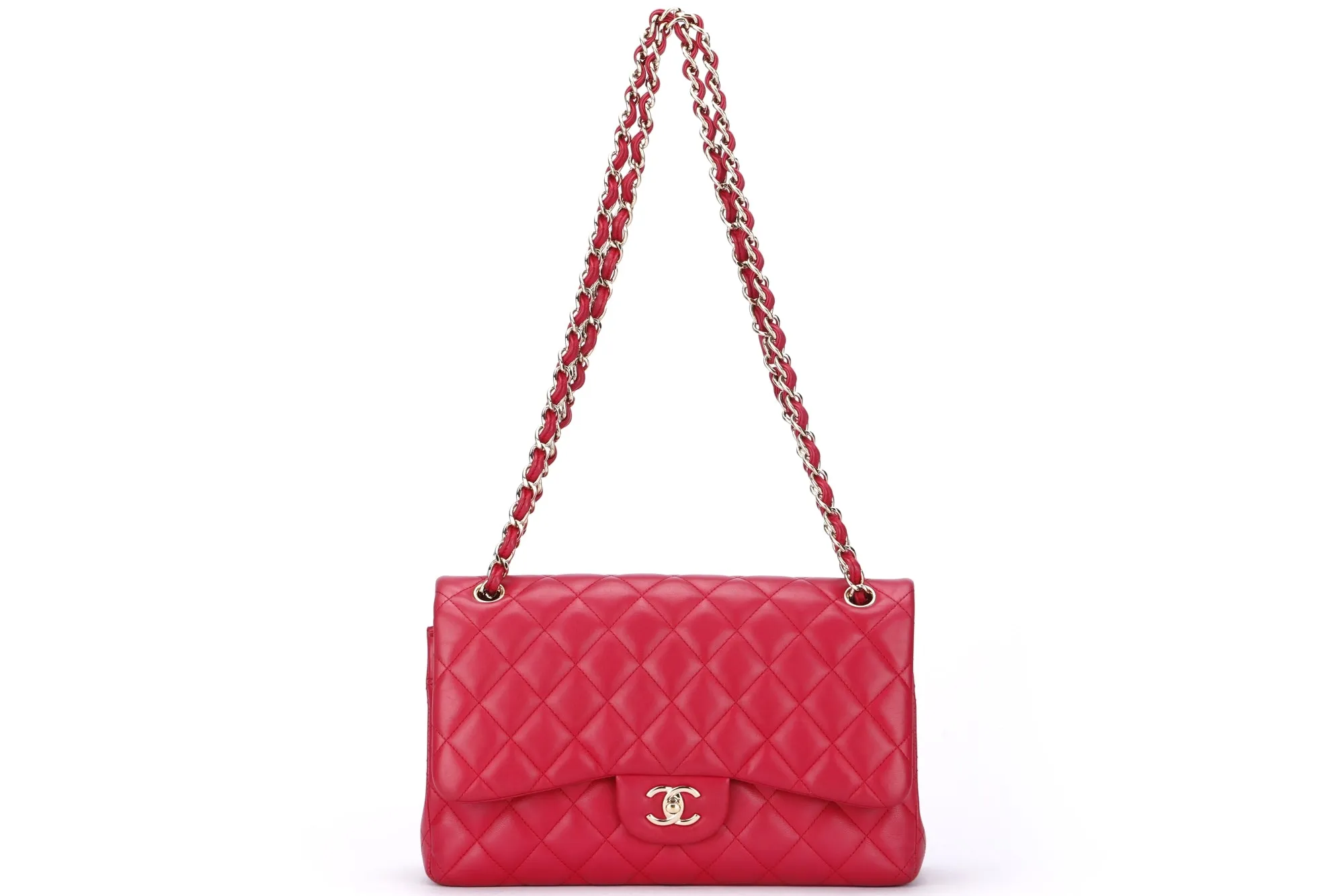 Chanel Classic Flap (2195xxxx) Jumbo Size, Pink Color Lambskin, Light Gold Hardware, no Card & Dust Cover