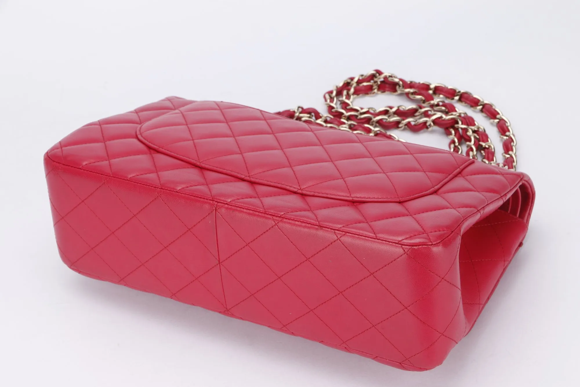 Chanel Classic Flap (2195xxxx) Jumbo Size, Pink Color Lambskin, Light Gold Hardware, no Card & Dust Cover