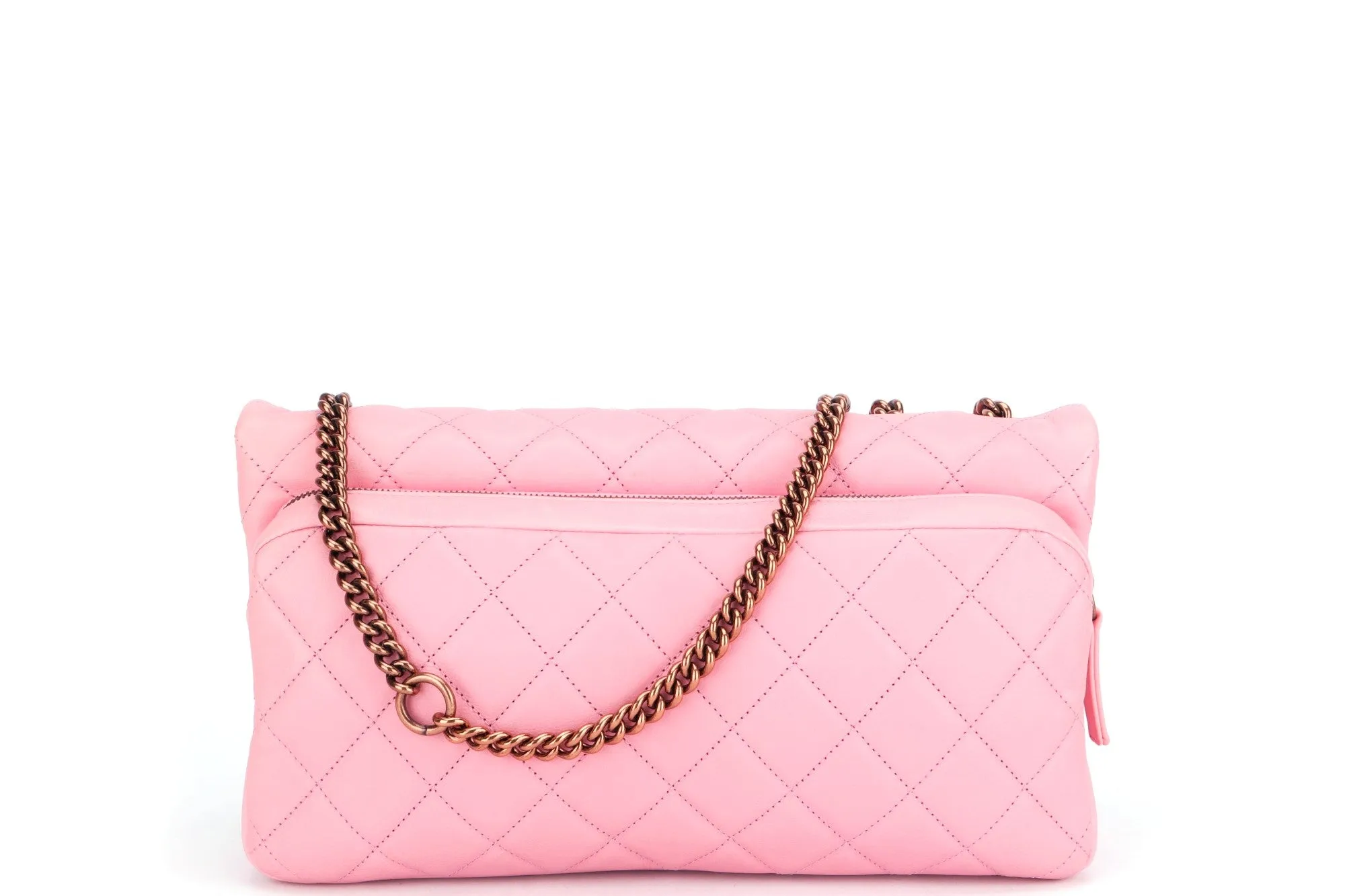 Chanel Quilted Pink Calf Leather Zippy Compartment Shoulder Bag (1875xxxx) width 28cm, Gold Chain, with Card & Dust Cover