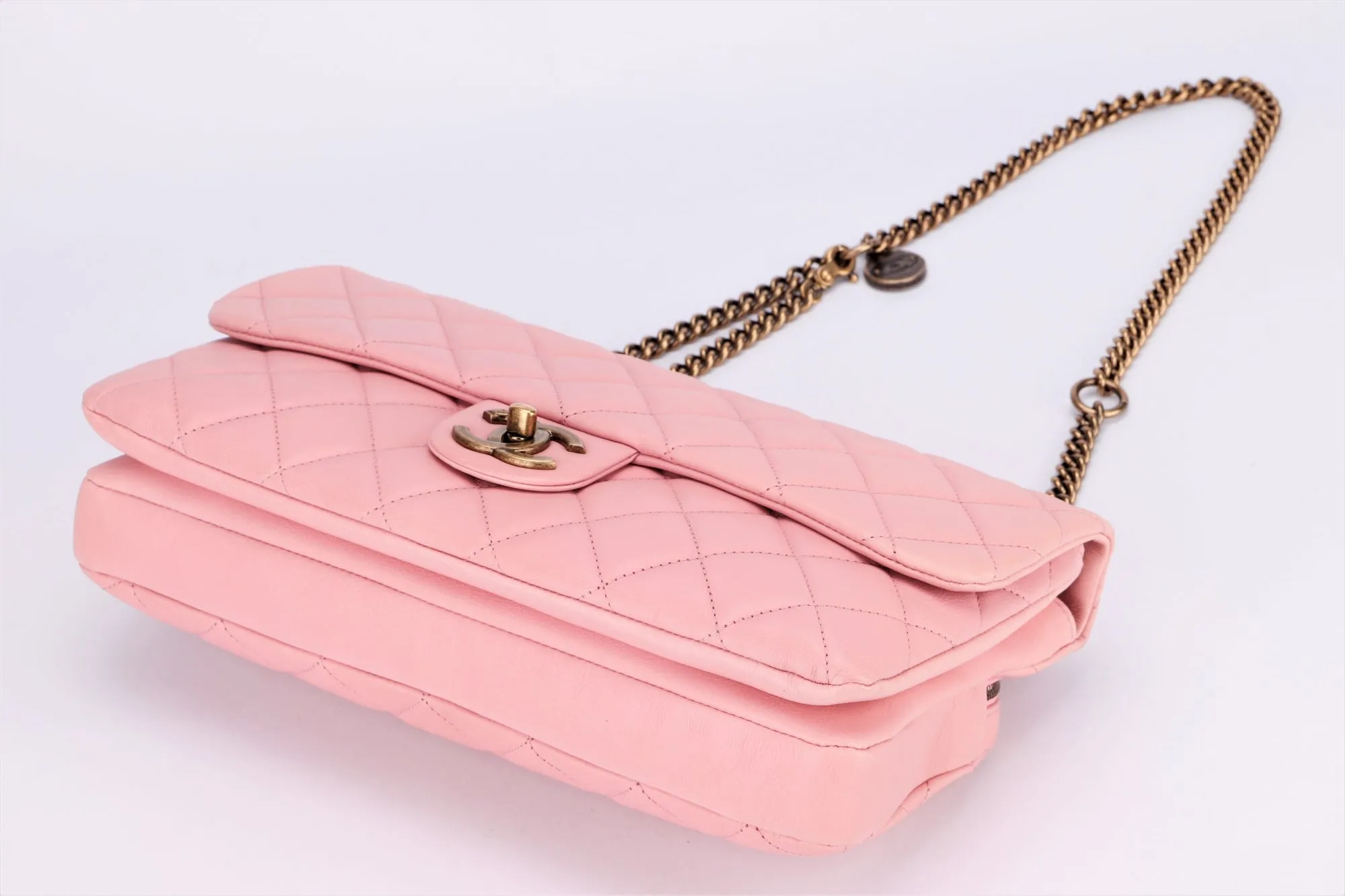 Chanel Quilted Pink Calf Leather Zippy Compartment Shoulder Bag (1875xxxx) width 28cm, Gold Chain, with Card & Dust Cover