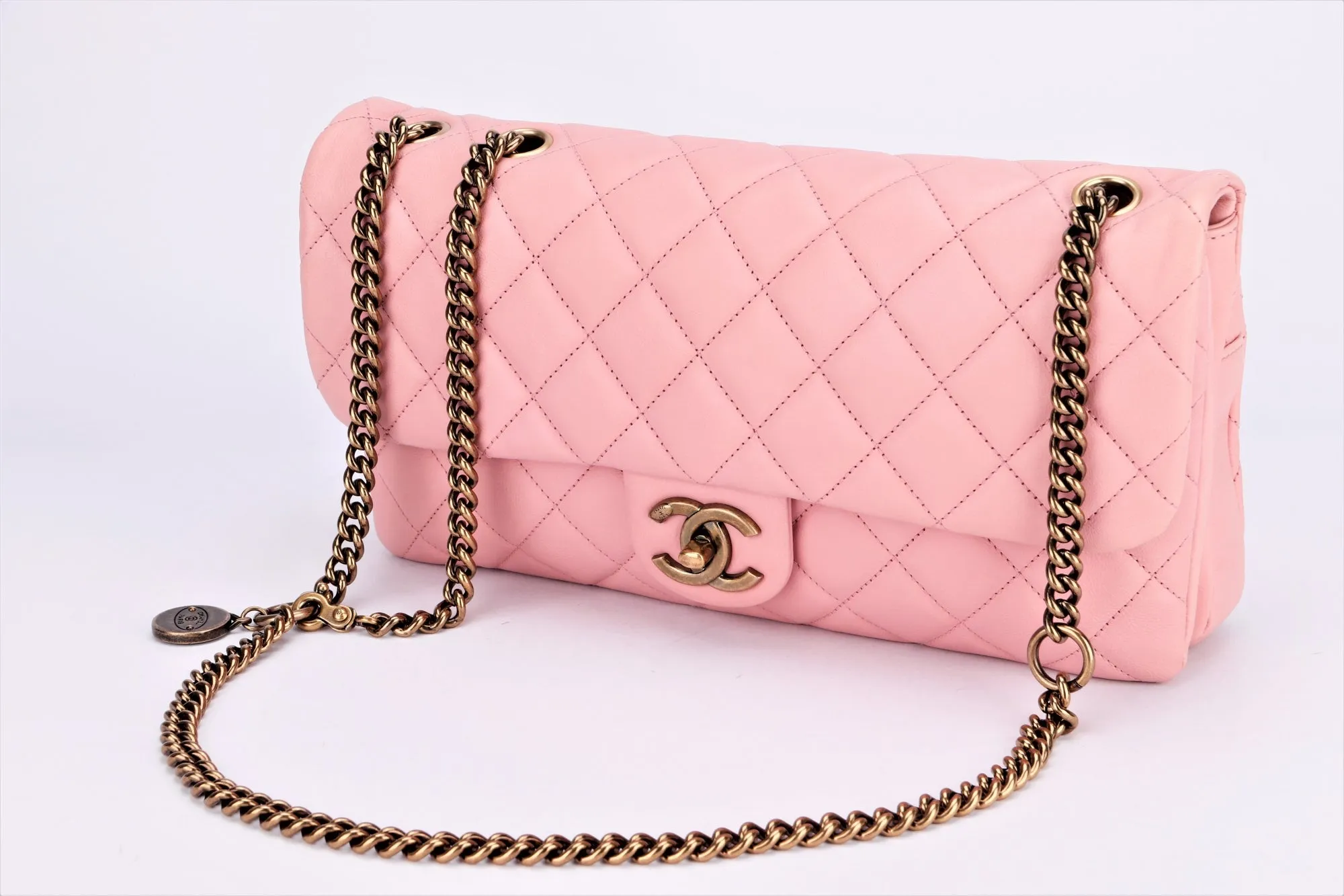 Chanel Quilted Pink Calf Leather Zippy Compartment Shoulder Bag (1875xxxx) width 28cm, Gold Chain, with Card & Dust Cover