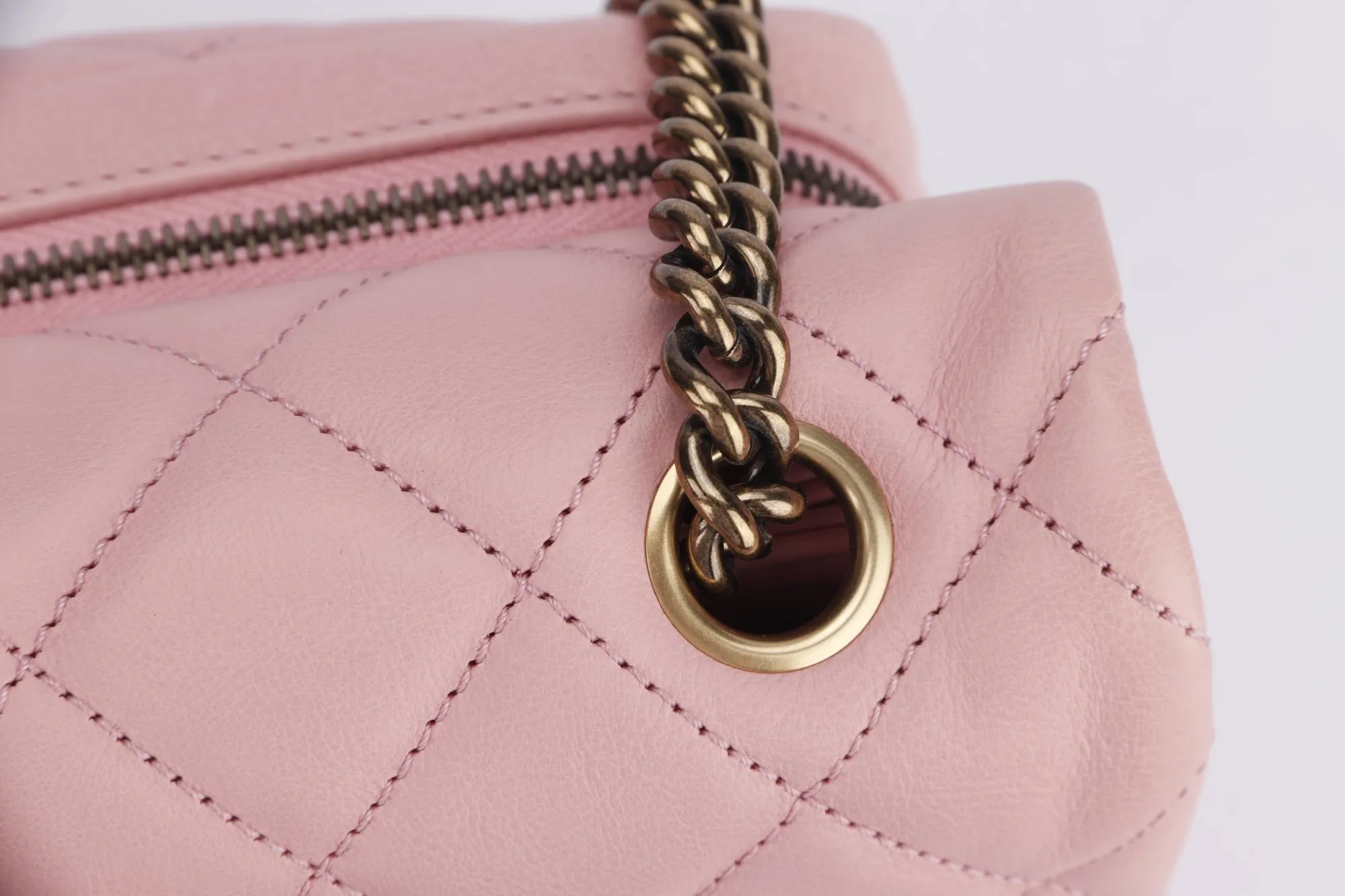 Chanel Quilted Pink Calf Leather Zippy Compartment Shoulder Bag (1875xxxx) width 28cm, Gold Chain, with Card & Dust Cover