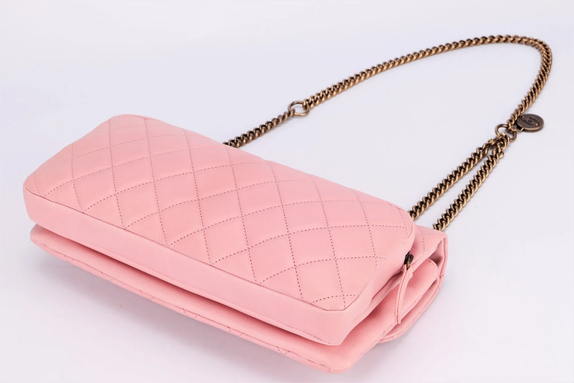 Chanel Quilted Pink Calf Leather Zippy Compartment Shoulder Bag (1875xxxx) width 28cm, Gold Chain, with Card & Dust Cover