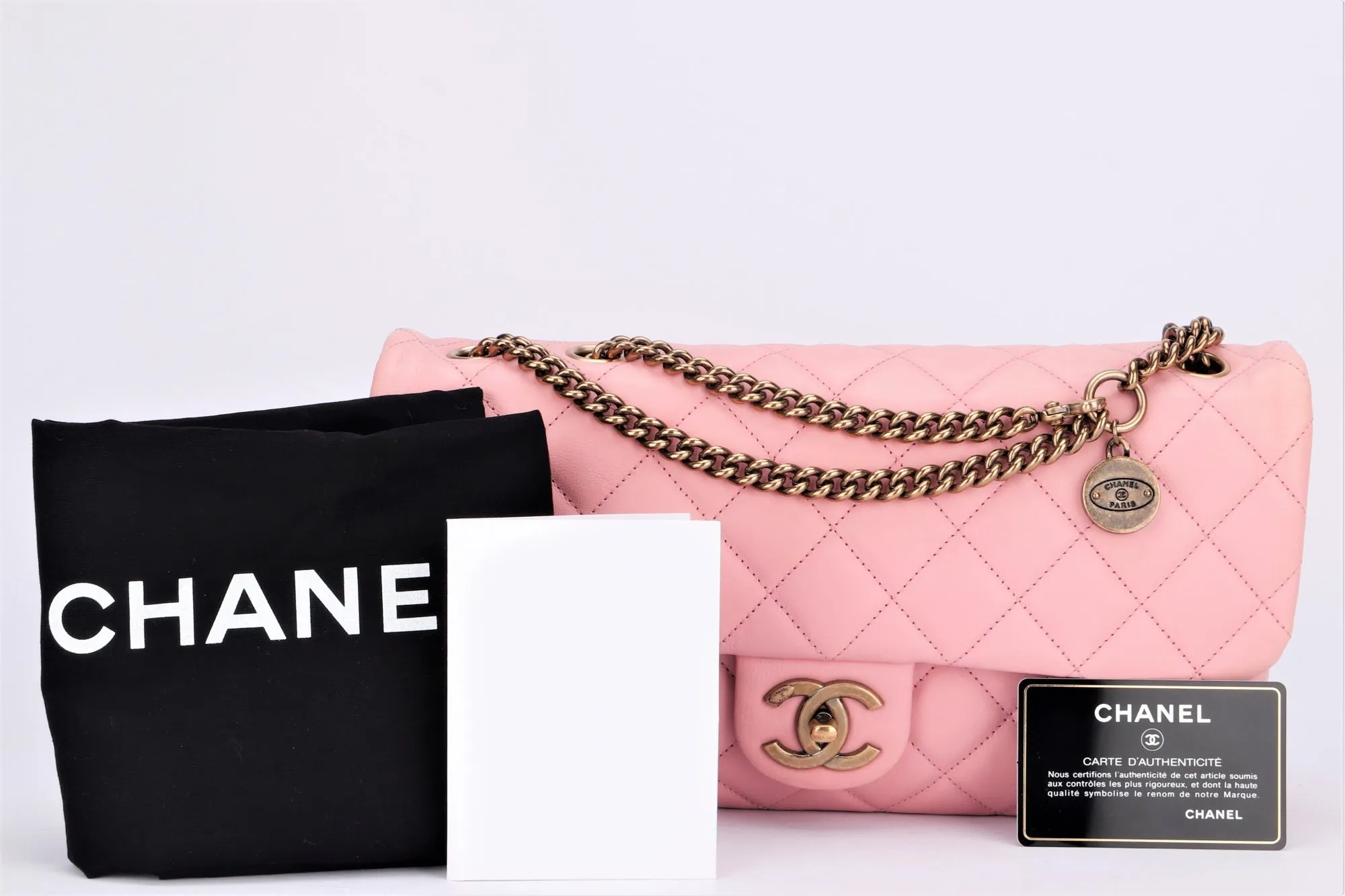 Chanel Quilted Pink Calf Leather Zippy Compartment Shoulder Bag (1875xxxx) width 28cm, Gold Chain, with Card & Dust Cover