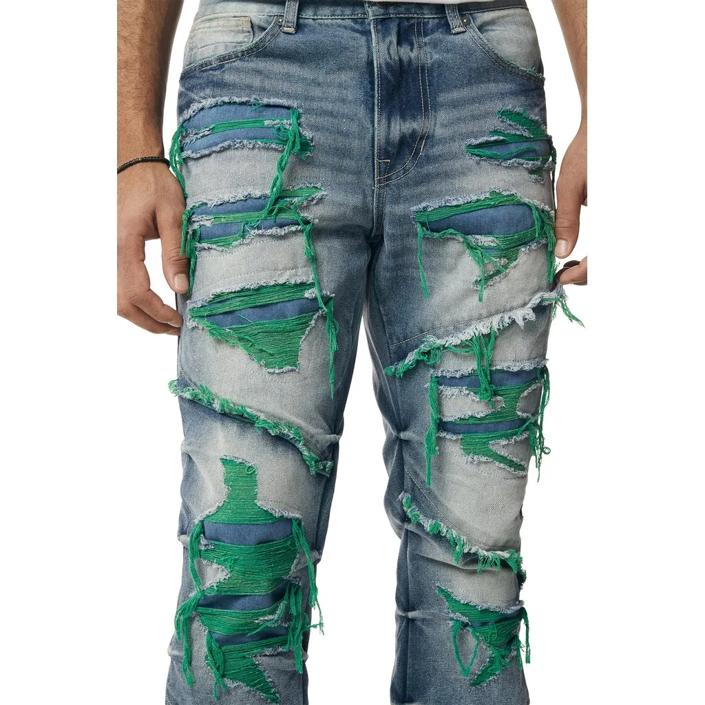 Color Thread Heavy R&R Lazy Stacked Flared Jeans - Green