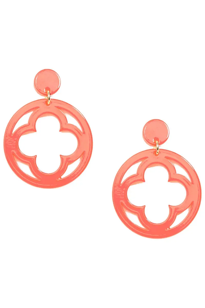 Coral Open Clover Resin Drop Earrings