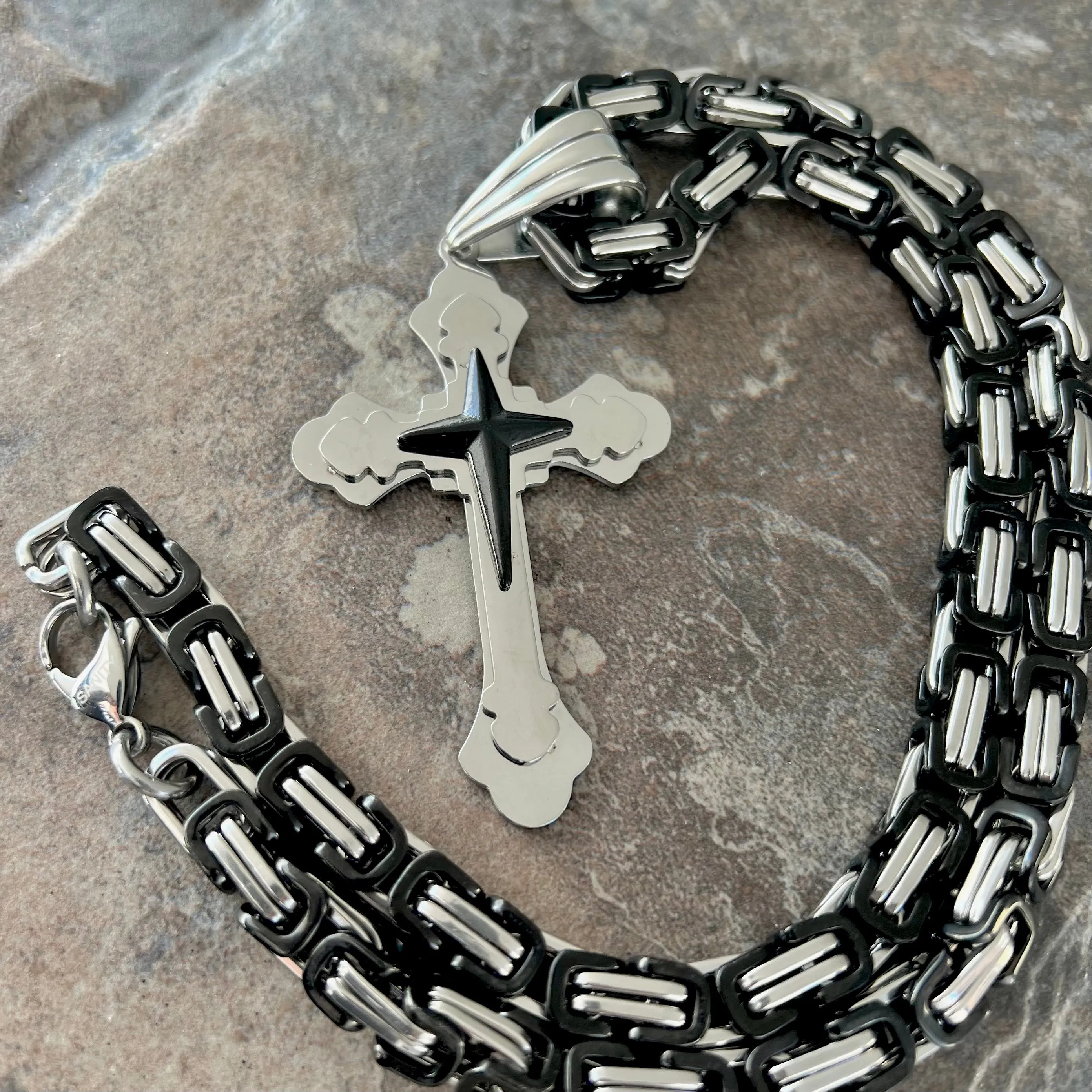 Cross - Silver & Black Cross Pendant - Necklace SLC477 CLEARANCE